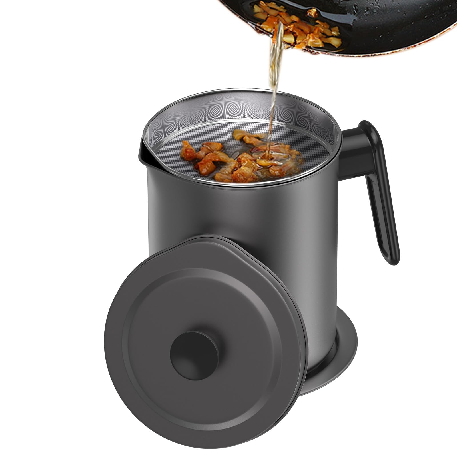 Contenitore per grasso per pancetta con filtro a maglia fine - Contenitore per olio da cucina da 1,7 l / 6,8 tazze con coperchio antipolvere rimovibile e vassoio sottobicchiere