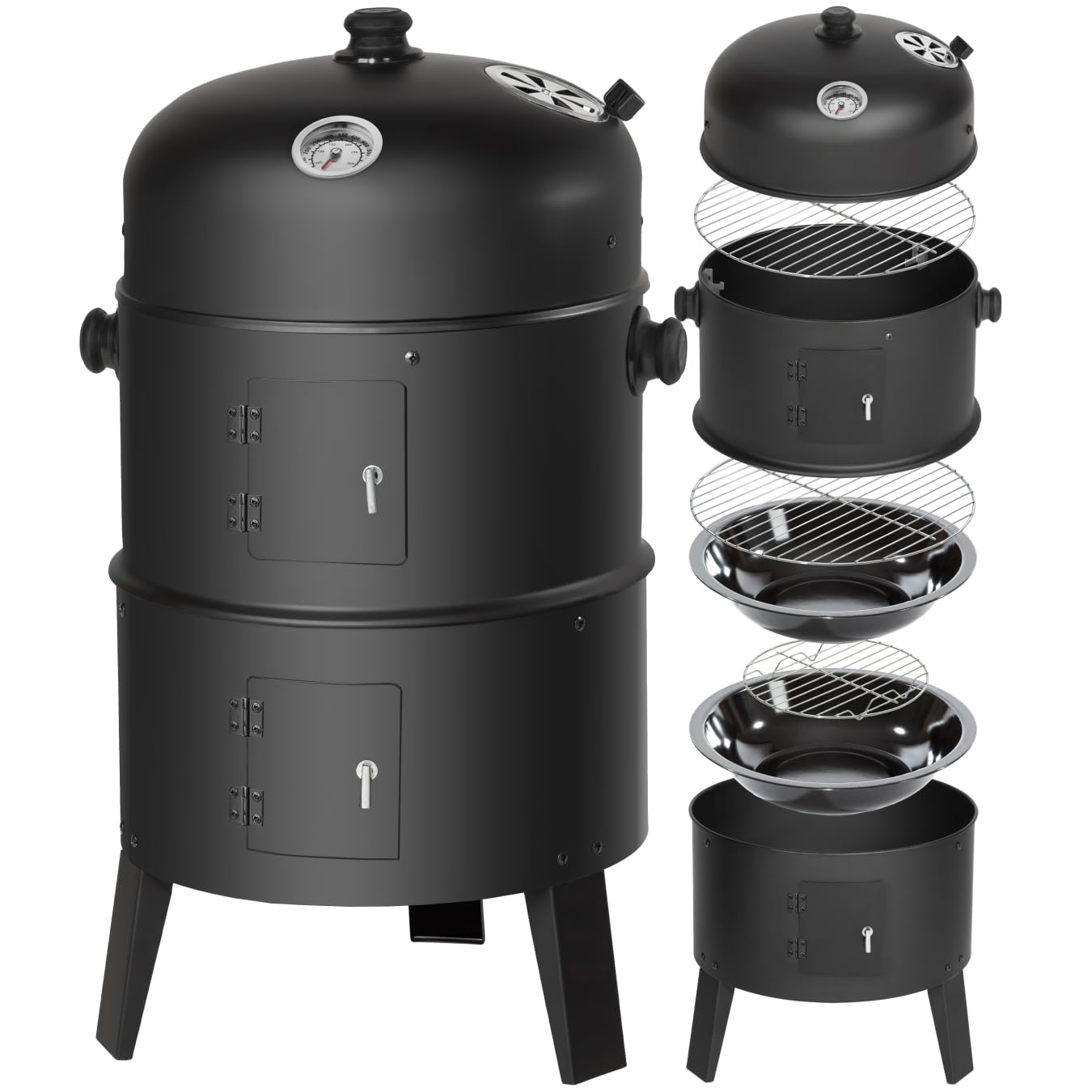 tectake® BBQ Charcoal Smoker Grill with Integrated Thermometer, Portable Outdoor Barbecue, Adjustable Vents, Chrome-Plated Grates, Barbecue Ideal for Smoke or Steam Cooking - Barrel