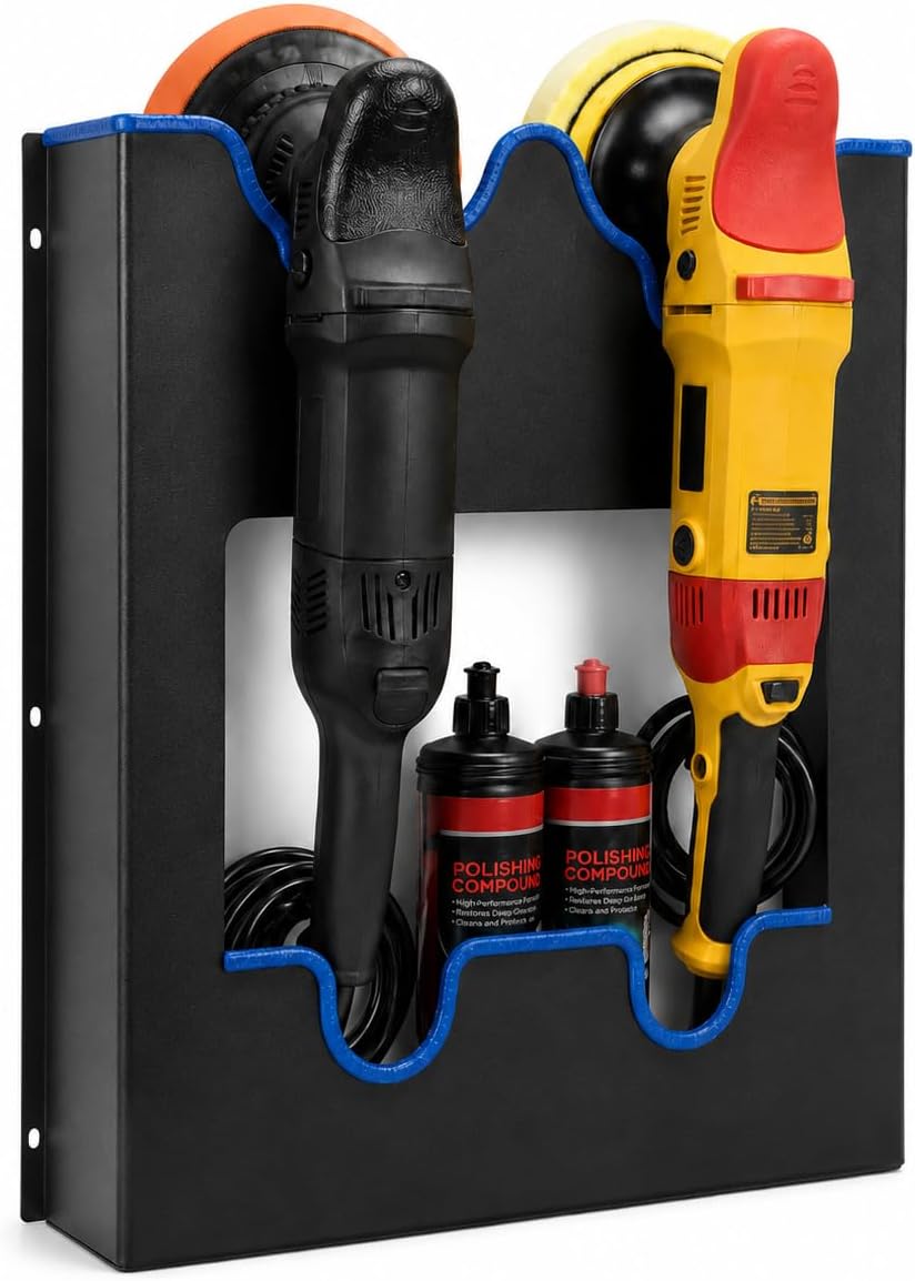 Polisher Wall Holder Station holds 2 to 4 Buffer Polishers, Polish Bottles, Heavy Duty Wall Mounted Buffer Rack Organizer for Car Buffer Polishing Machine, Garage, Detailing Cart, Mobile Detailing