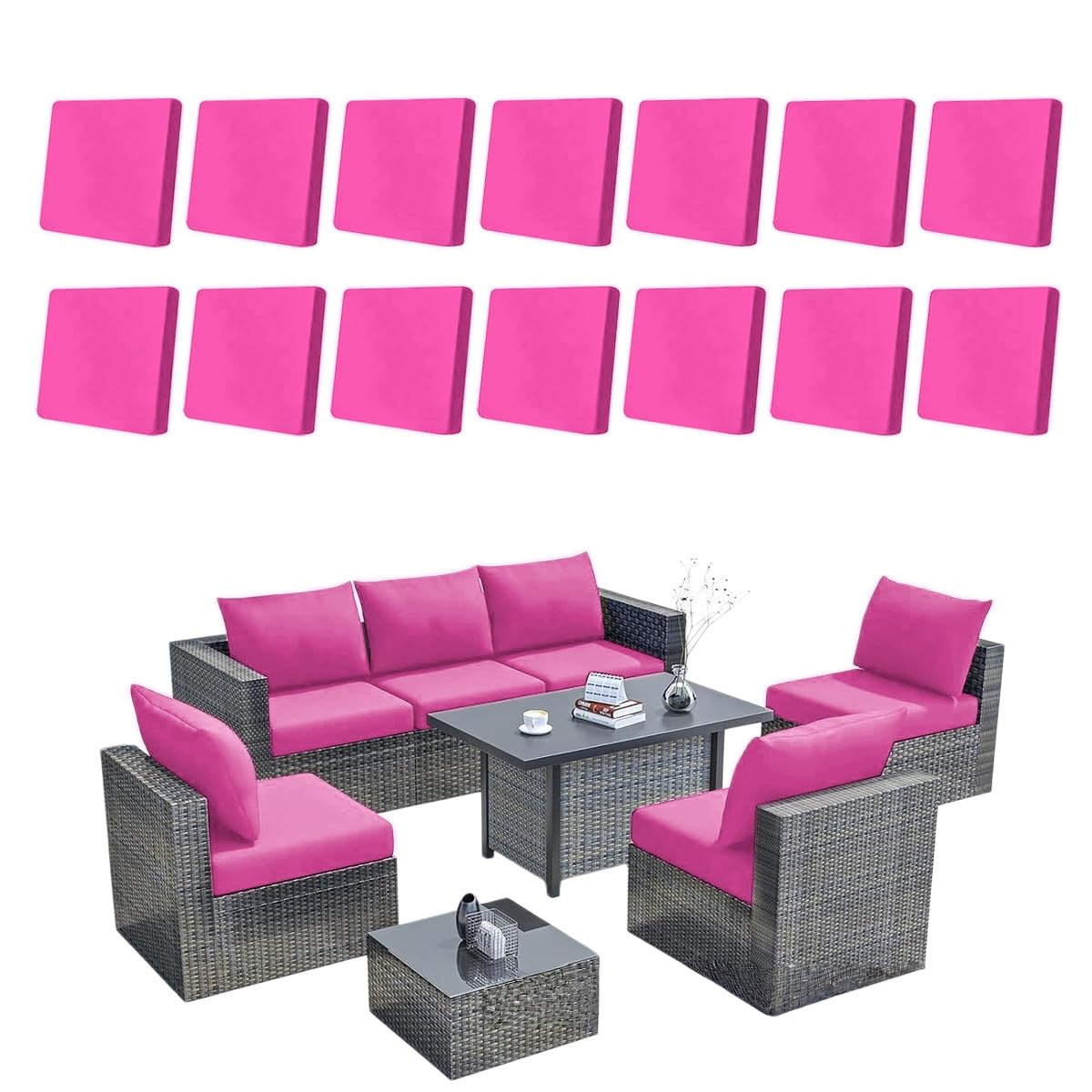 Hiseng 8/12/14 PCS Outdoor Cushion Covers Stretch Patio Cushion Covers Replacement Slipcovers Washable for Outdoor Sofa Cushions, Garden Furniture Set, Rattan Corner Sofa (Rose,14 pcs)