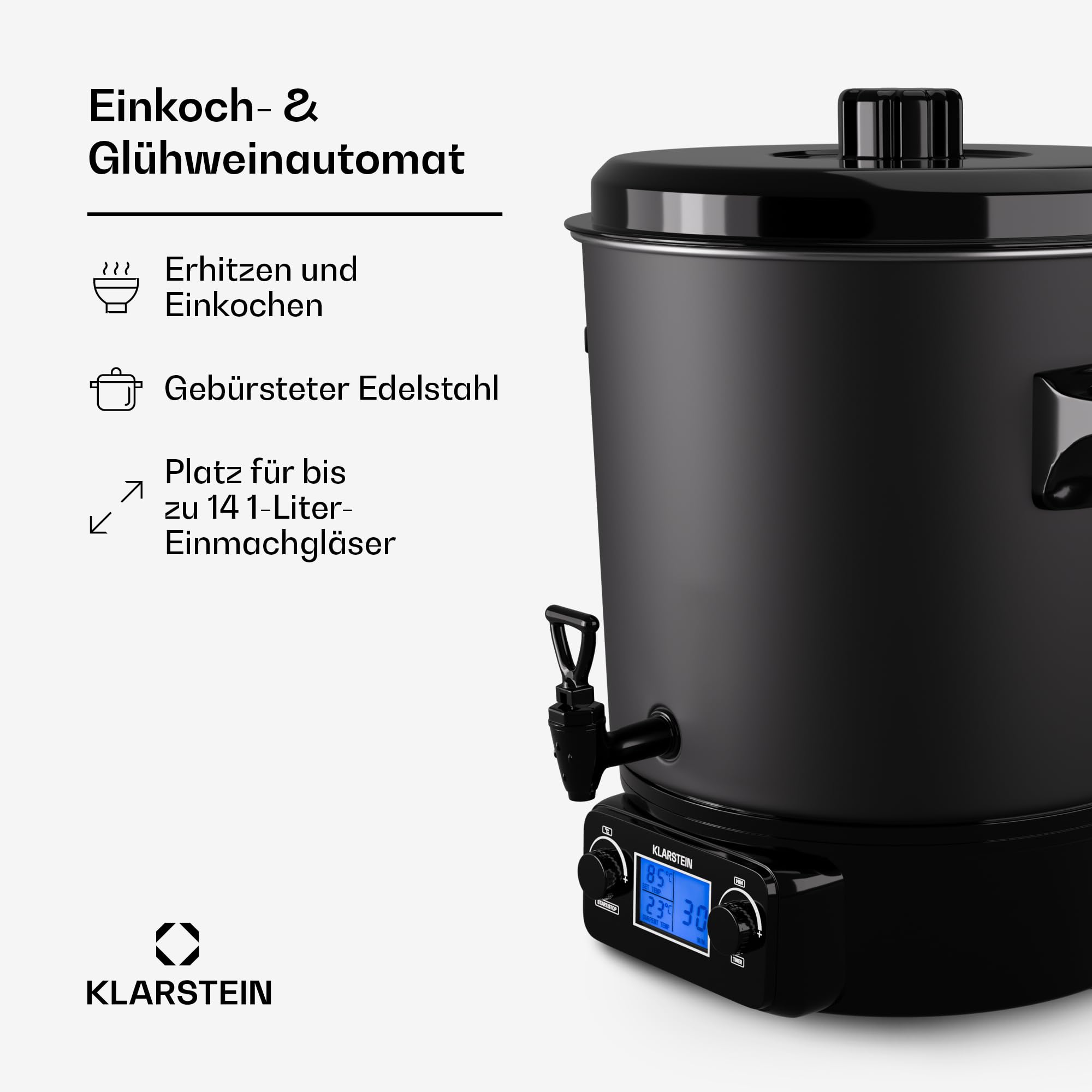 Klarstein Einkochautomat mit Hahn, 27L Digital-Einkochautomat, 2000W Edelstahl-Einkochtopf, Einkochautomaten für Glühwein & Speisen, Heißwasserkocher, Teemaschine & Glühweinkocher mit Zapfhahn