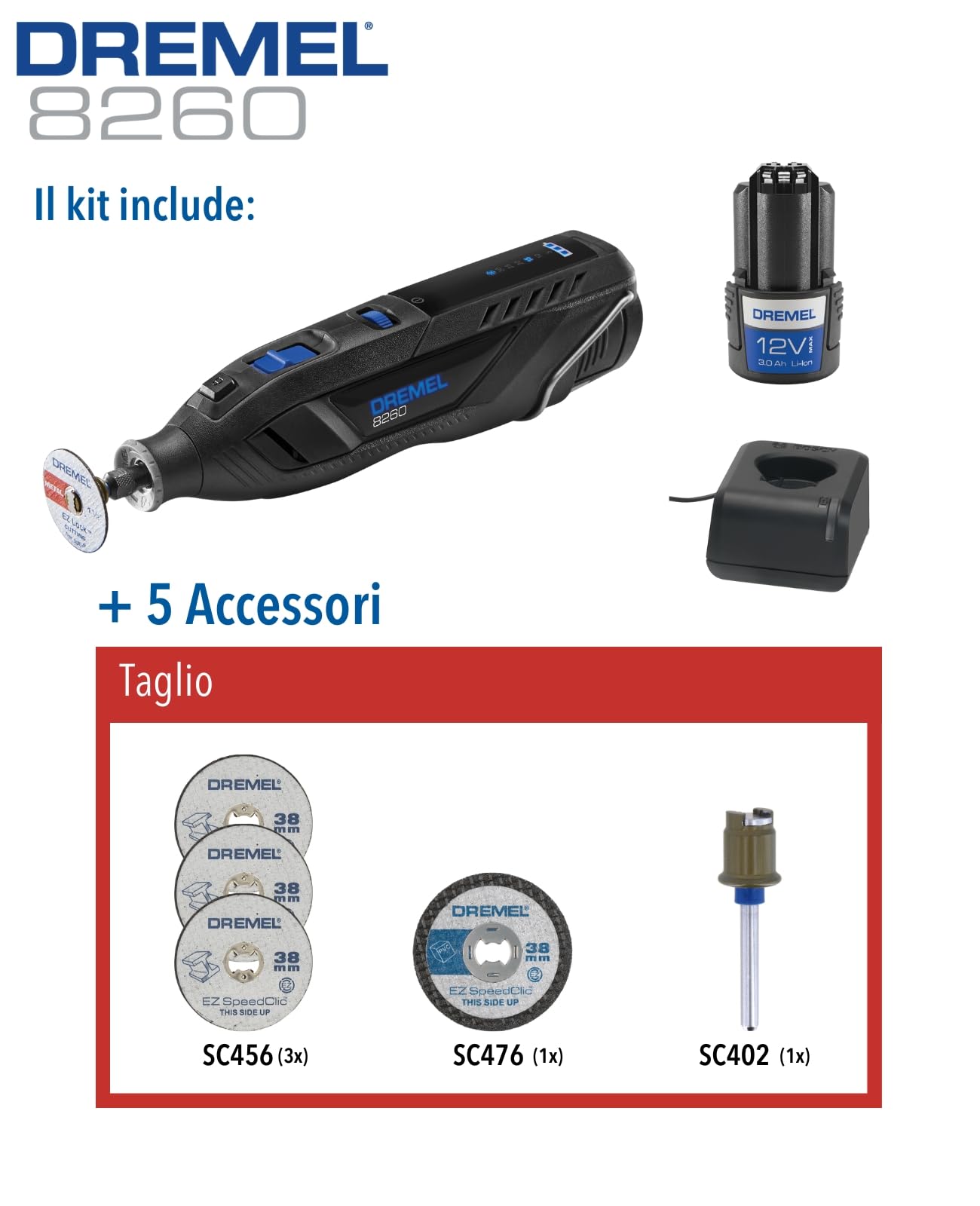 Dremel 8260 Multiutensile a Batteria con Motore Brushless e Batteria al Litio da 12 V 3 Ah, Kit con 5 Accessori, Velocità Variabile 5.000-30.000 giri/min