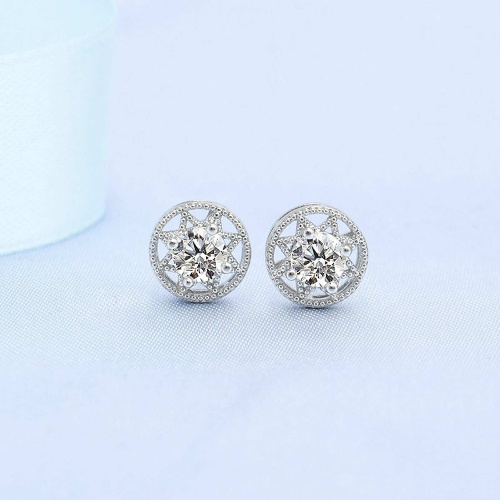 Pendientes de Oro Blanco para Mujer 9K / 14K / 18Kt, Redondo y Estrella con Moissanita, Pendientes Boda Plata para Mujer