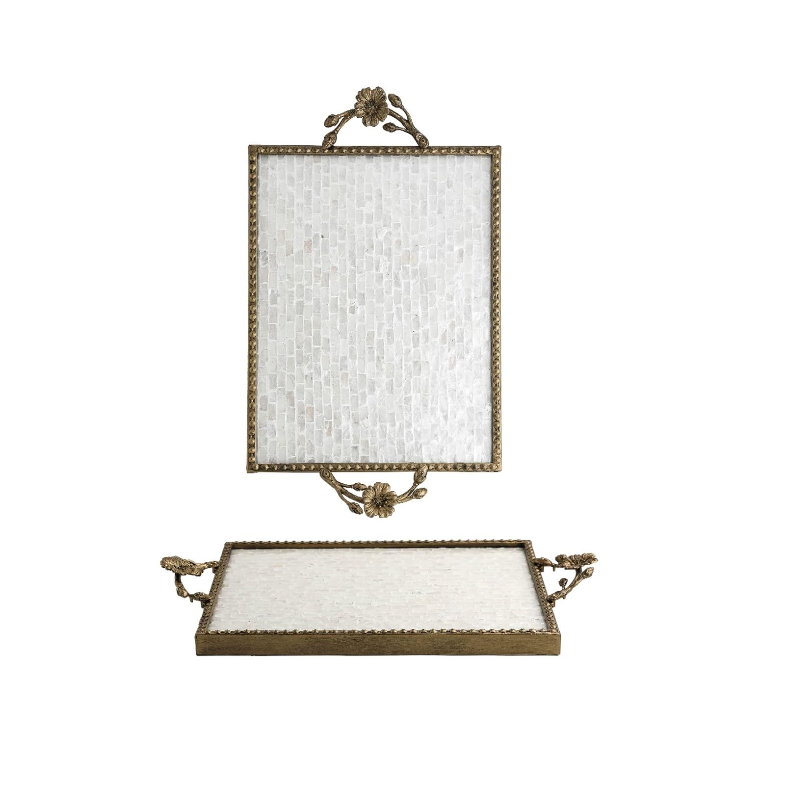 Serving Tray with Handles, Natural Shells Rectangular Serving Platter for Coffee Table, Decorative Storage Tray(B)