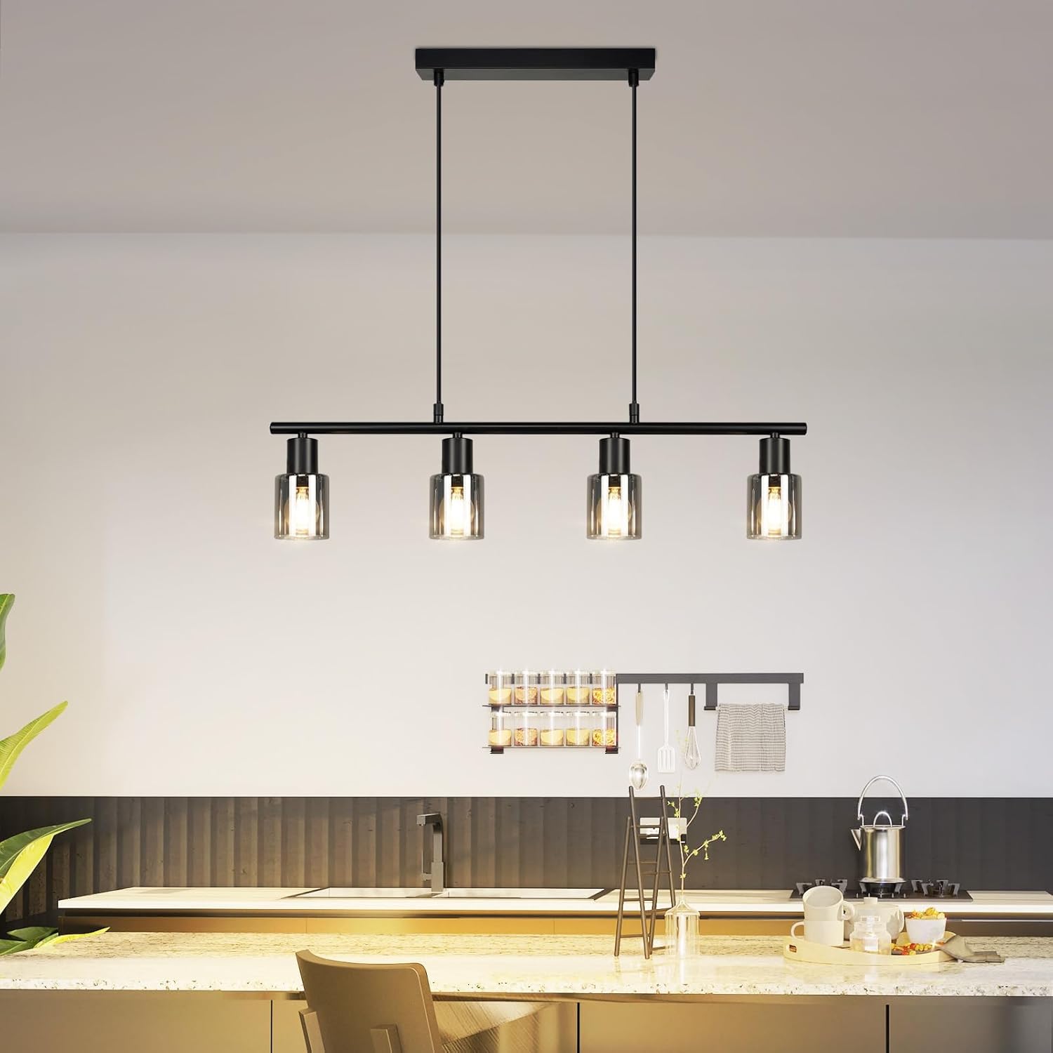 Hängelampe 4 flammig Pendelleuchte esstisch - Vintage Esstischlampe hängend Schwarz industrial Hängeleuchte Glas E14 retro Esszimmerlampe Pendellampe für Esszimmer Küche (Ohne Leuchtmittel)