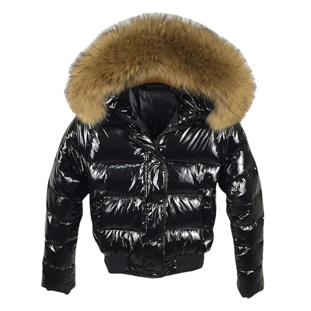 Tdvcpmkk Women's Glossy Soft Down Jacket, Artificial Fur Short Jacket, Thickened Warm Down Jacket black2 M