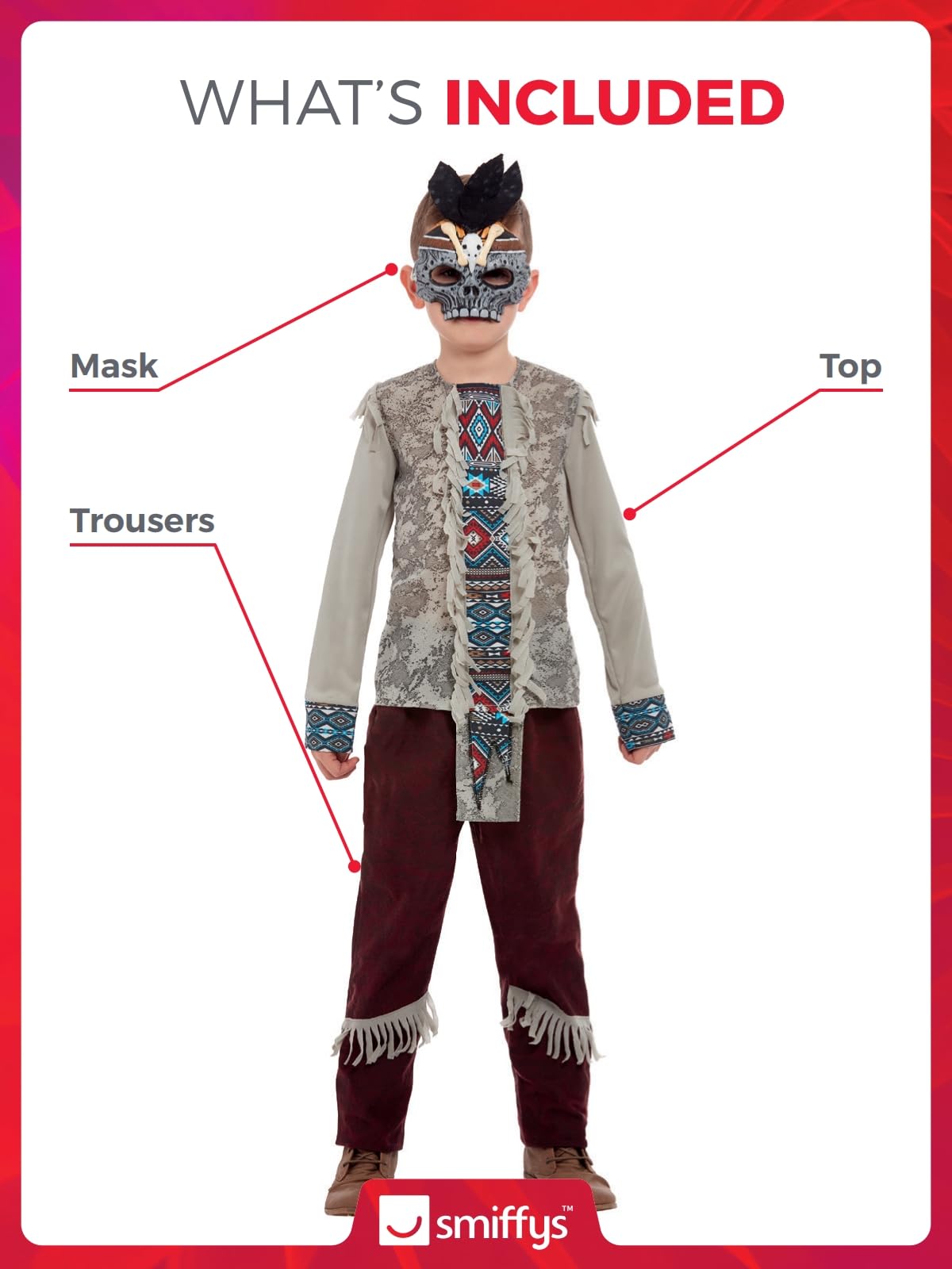 Smiffys Disfraz de indio oscuro, Gris, Parte superior, pantalones y sombrero Halloween, Carnaval