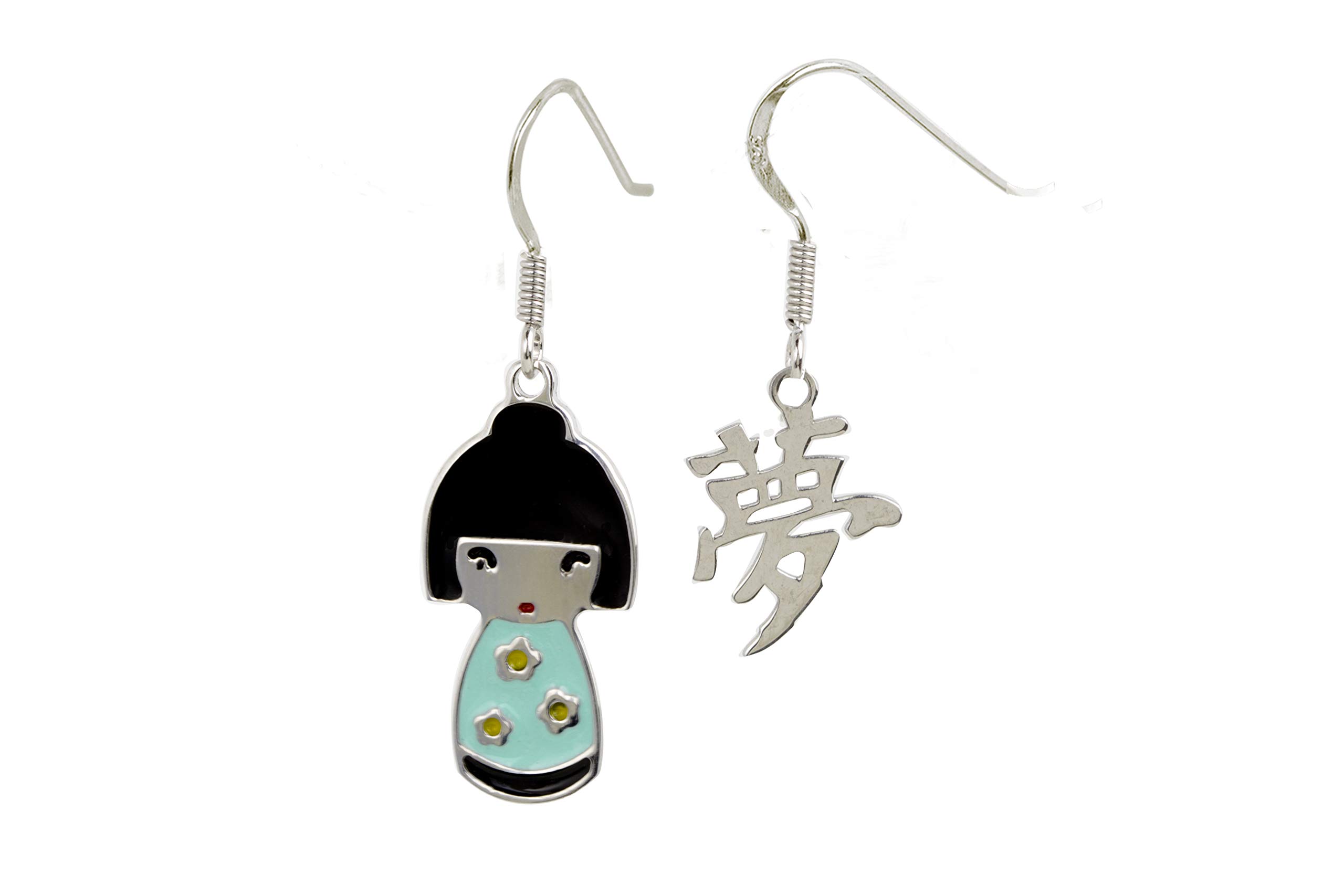 Aka GioielliWomen's pendant earrings 925 sterling silver, enamelled Japanese doll with "Dream" lettering