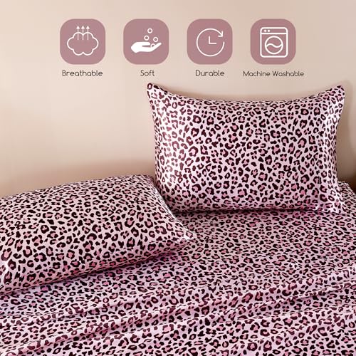 Image of MR&HM Satin Bed Sheets with Elastic Corner Straps, King Size Sheets Set, 4 Pcs Silky Bedding Set with 15 Inches Deep Pocket for Mattress (King, Pink Leopard)