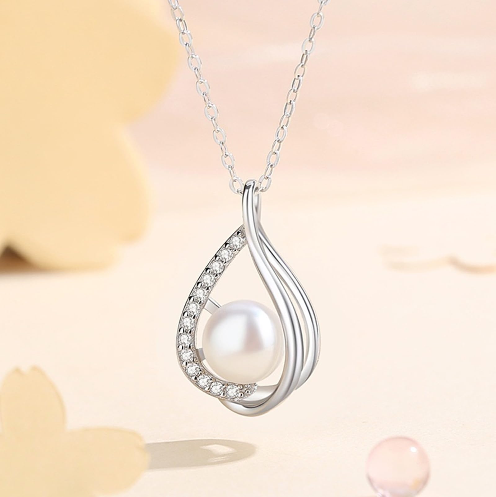 Collares de oro blanco para mujer, lágrima hueca de oro blanco de 9K/14K/18K con perla y colgante de moissanita, cadena Rolo: 40+5cm