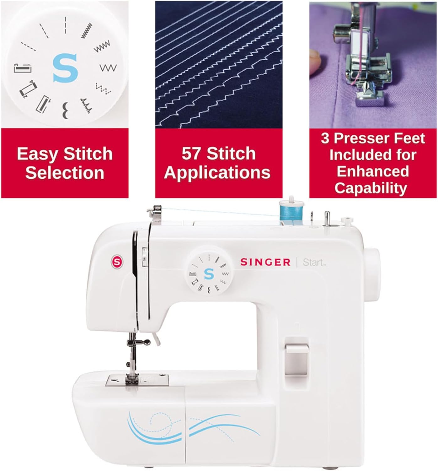 SINGER Start 1304 with stitch selection dial and examples of 57 stitch applications