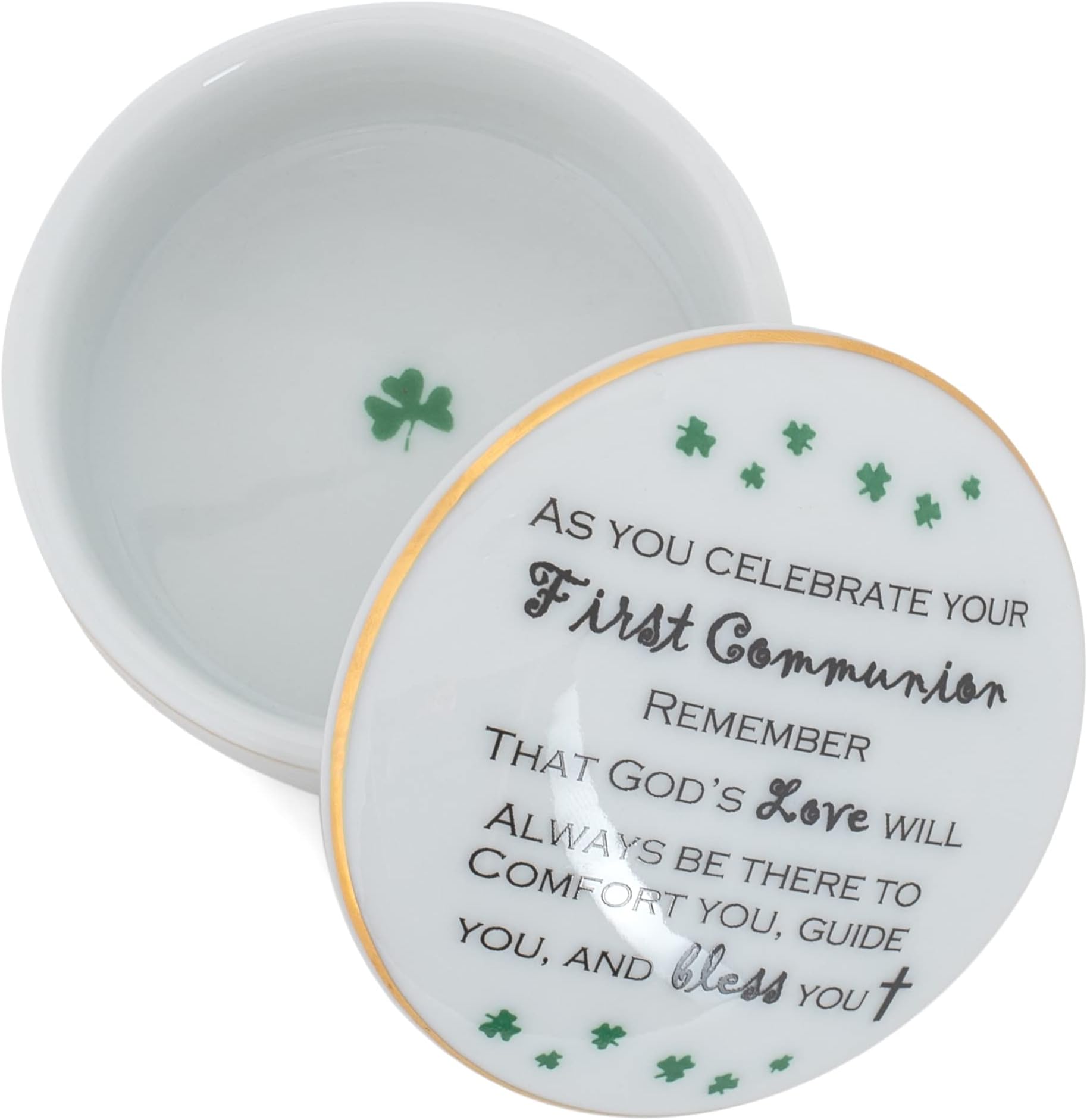 CBE Marketplace Porcelain Irish Shamrock First Communion Keepsake Box/Jewelry Keepsake Box - First Holy Communion Gift (Round With Shamrocks)