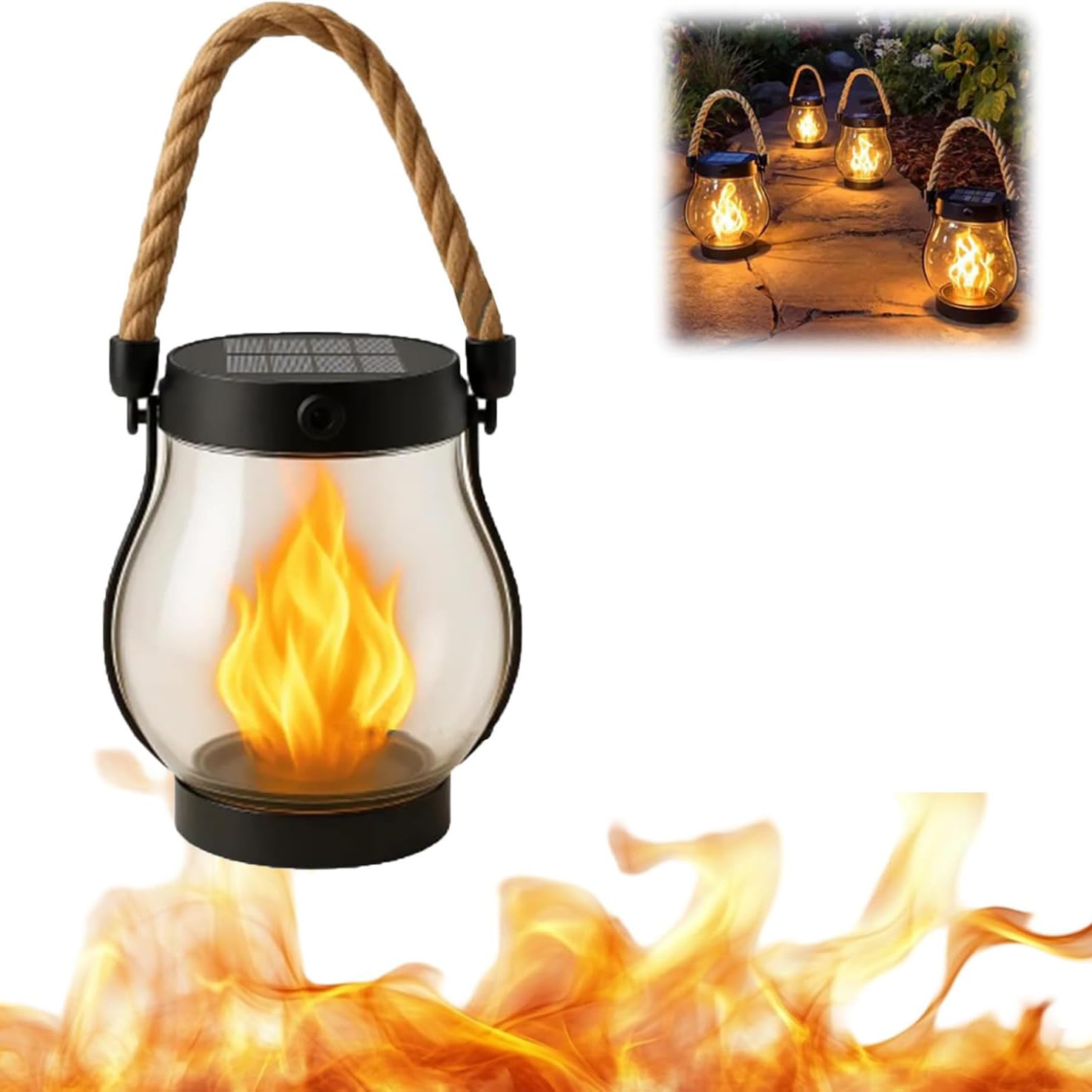 kaliqo solar lantern outdoor lights Flammen-Solarlaterne für Draußen - Realistische Flammeneffekte, 1500 mAh Solar Laternen, 2-in-1 Solarladung und USB wiederaufladbar, IPX4, Gartenbeleuchtung