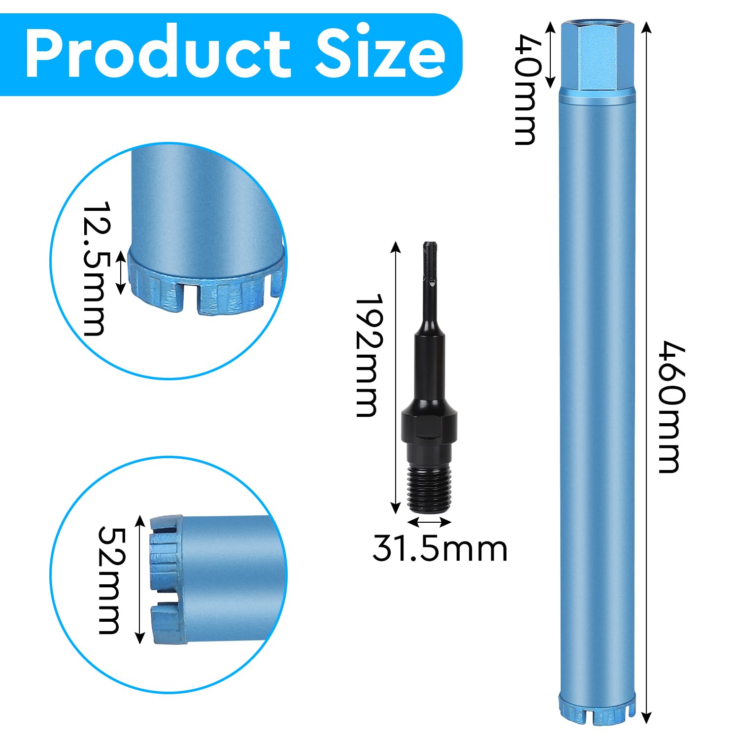 CPROSP 1¼" UNC Kernbohrer Ø 52mm L 460mm, Bohrkrone mit SDS PLUS Adapter, Kernbohrkrone für Bohren in Beton, Stahlbeton, Mauerwerk und Stein, für Kernbohrgerät, Blau