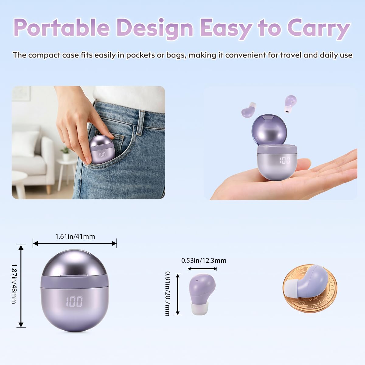 Mini auriculares inalámbricos para dormir de lado, auriculares invisibles de 2,27 g para orejas pequeñas, auriculares Bluetooth 6.0 para dormir, sin sonidos de alerta, pantalla LED