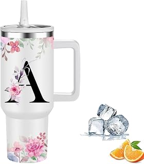 FOLAI Insulated Travel Coffee Mugs, 40oz Steel Water Bottl,Tumbler with Handle and Lid Straw,Thermal Cups for Hot and Cold Drinks Printed with Letters Personalized Unique Gifts for Women and Man(A)