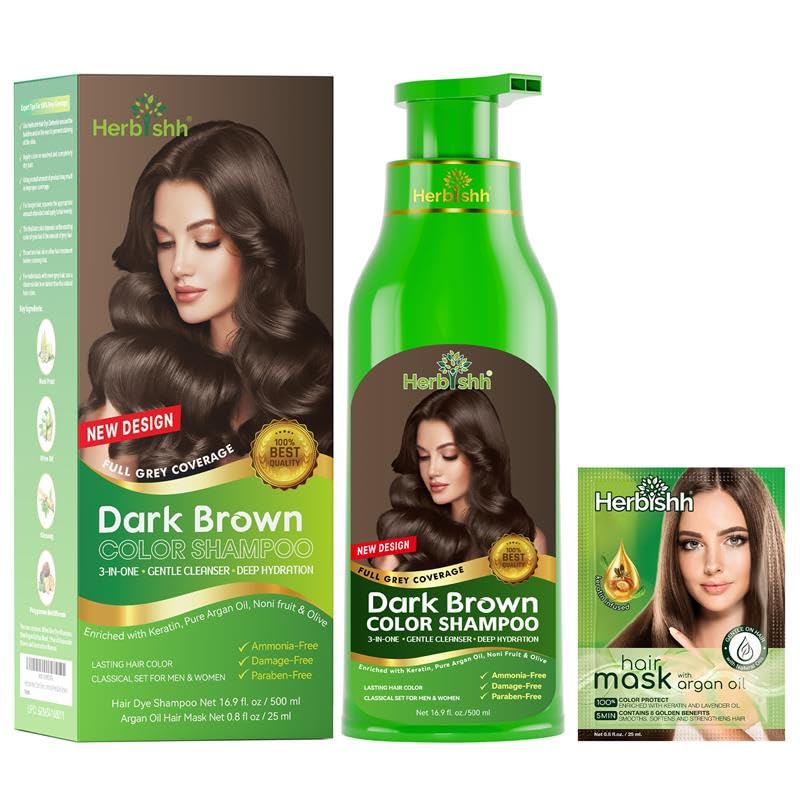 Hair Colour Shampoo for Grey Hair, Dark Brown, 500 ml, Ammonia-Free 3-in-1 Hair Dye Shampoo, Colours Hair in Minutes, Long-Lasting Colour