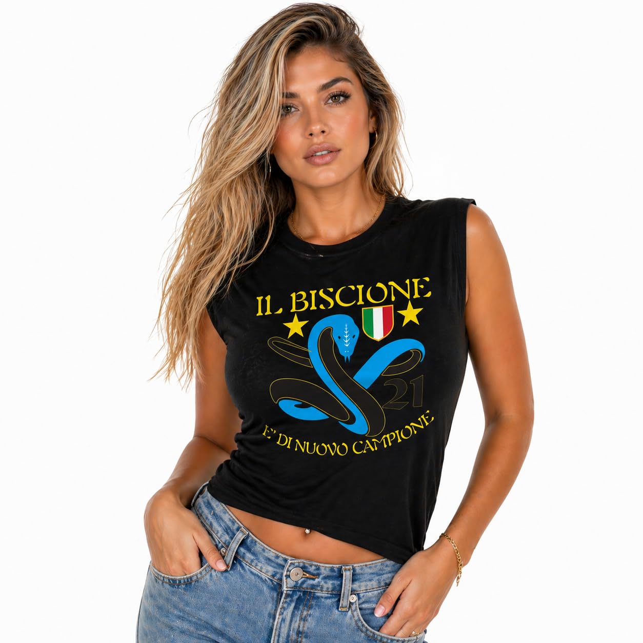 T-Shirt Smanicata Internazionale Campione d'Italia Seconda Stella 21 Scudetti Il Biscione e' di Nuovo Campione | Canotta Cotone Scudetto Neroazzurro PS 29999-INT02