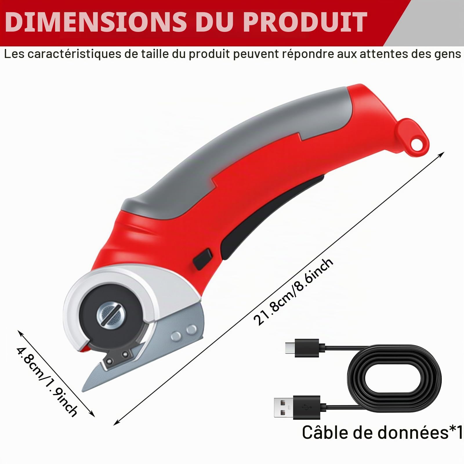 Cisailleuse électrique en carton, cisaille électrique 2000 mAh, cisaille électrique 4,2 V avec disjoncteur de sécurité, pour tissus, tapis, cuir (rouge)