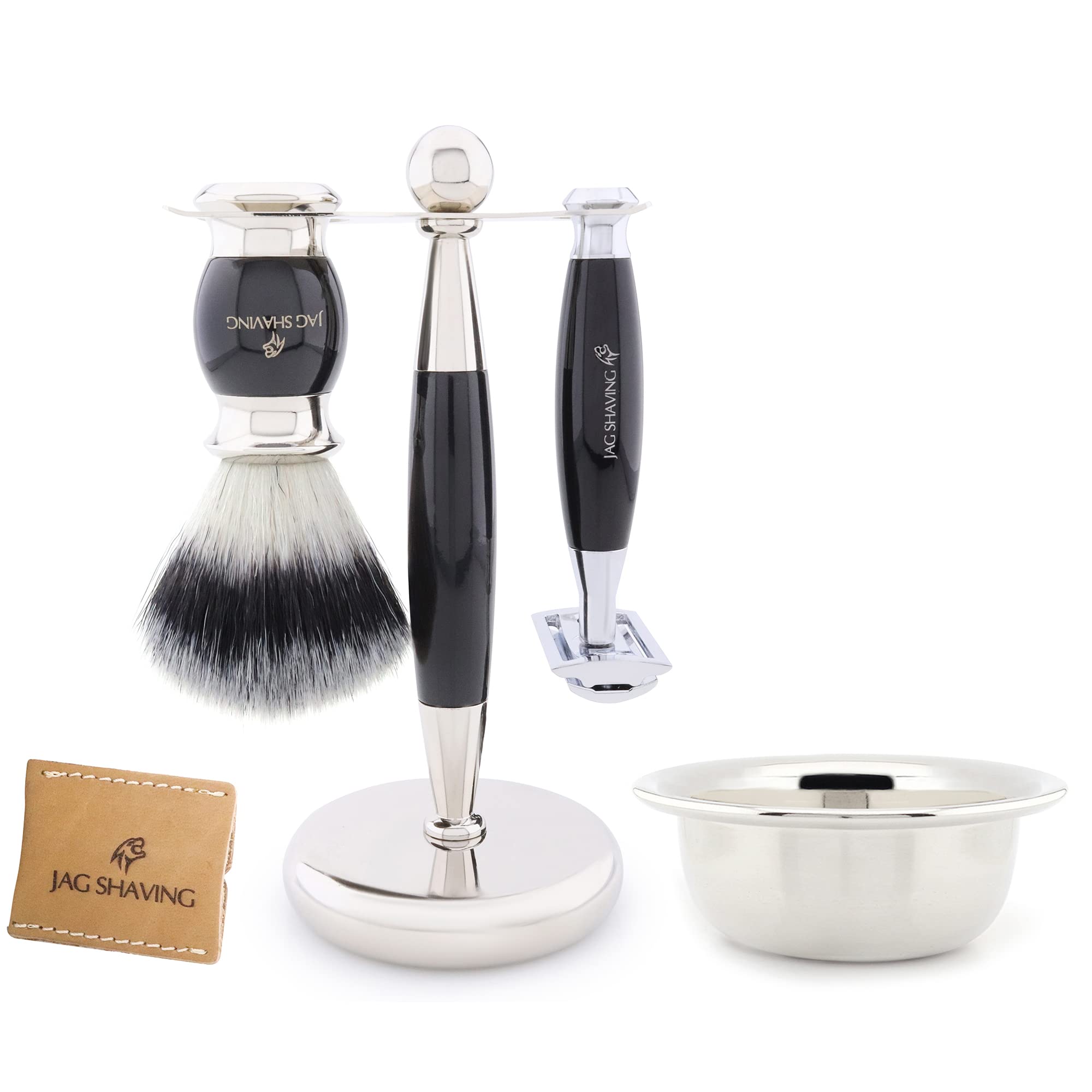 Jag Shaving Zestaw do golenia – 5-częściowy zestaw do golenia – JAG's LEE Range – syntetyczny pędzel do golenia ze srebrnymi końcówkami – podwójna krawędź ostrza do golenia – miseczka do golenia – stojak do golenia – pokrowiec skórzany – czarny