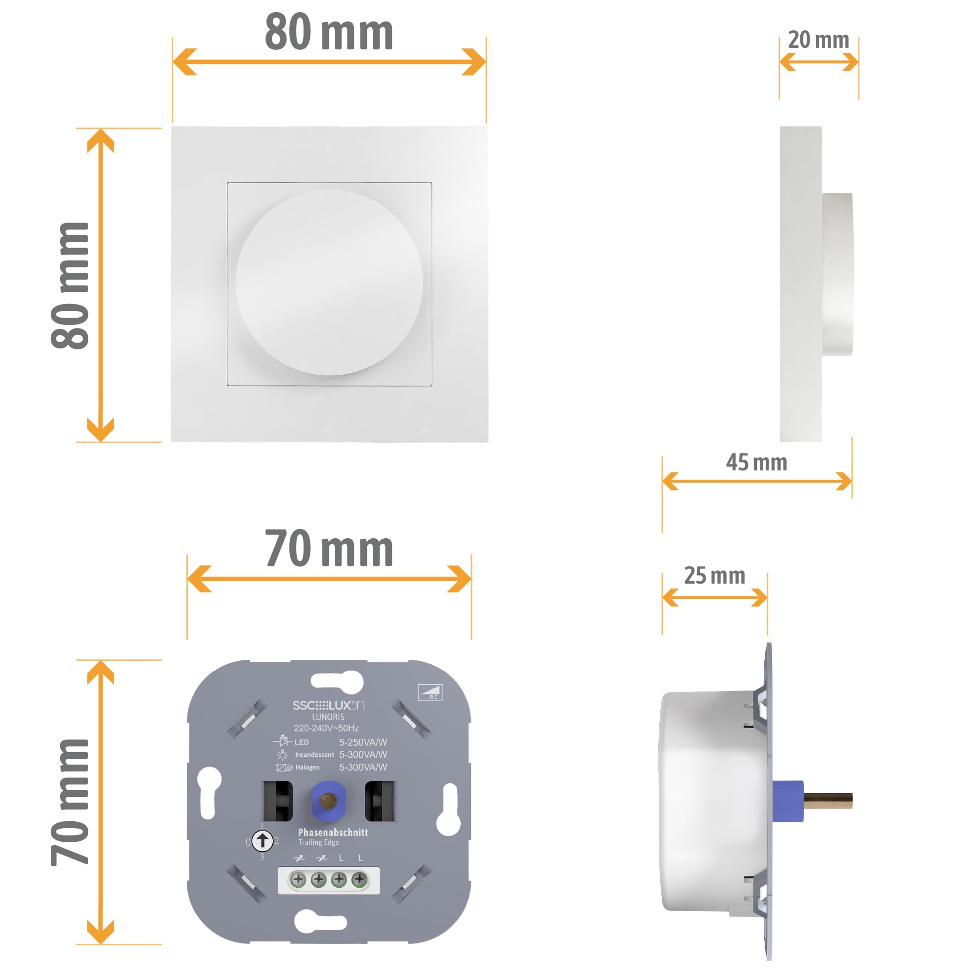 SSC-LUXon LUNORIS - Dimmer girevole universale, da incasso, 5 – 250 W, LED alogeno, a sezione di fase, 230 V, per presa da incasso, 60 mm, copertura bianca