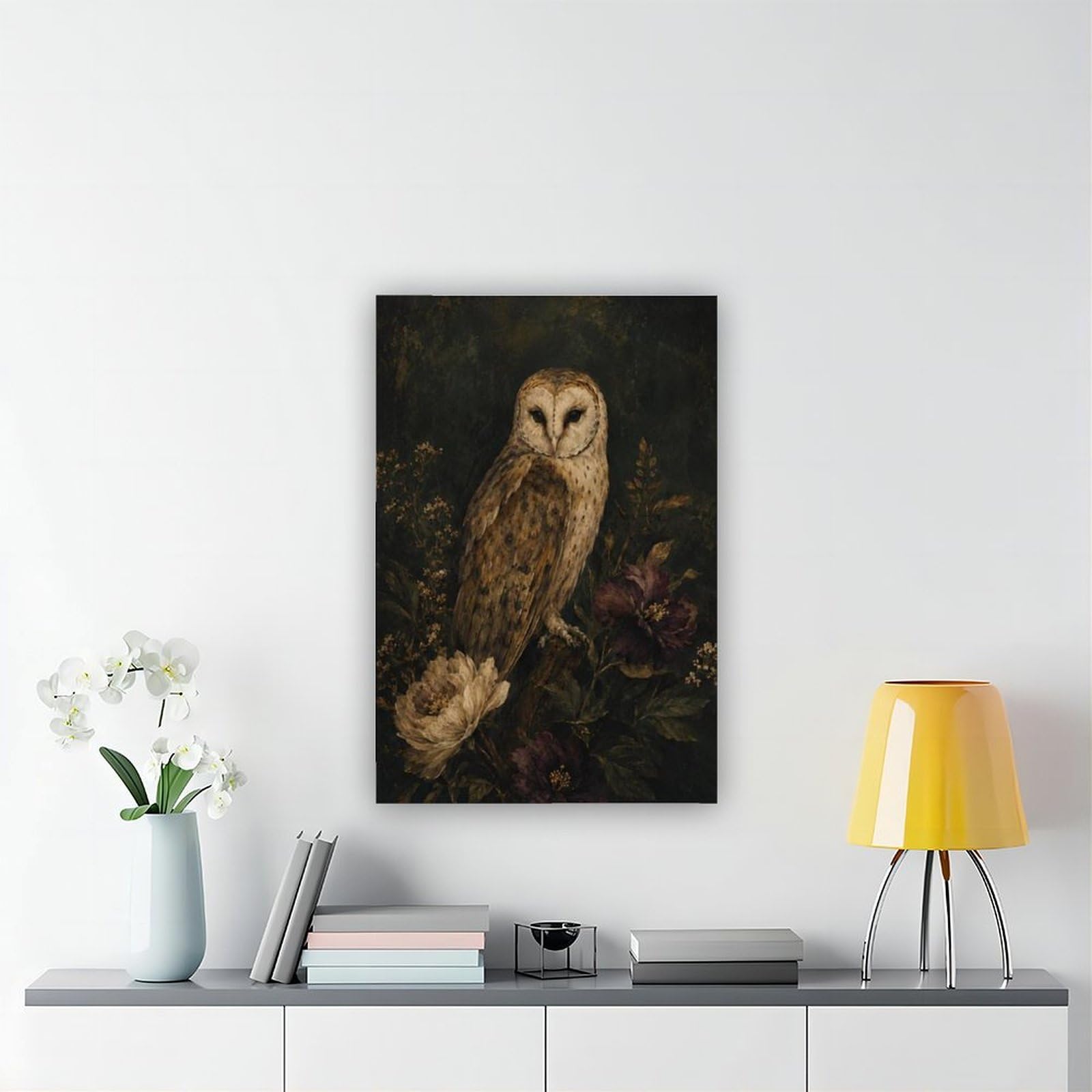 Poster di tela floreale scuro del barbagianni per il regalo della decorazione domestica | Stile cornice, diverse dimensioni, diversi stili di cornice, arte da parete, immagine decorativa, decorazione per la casa