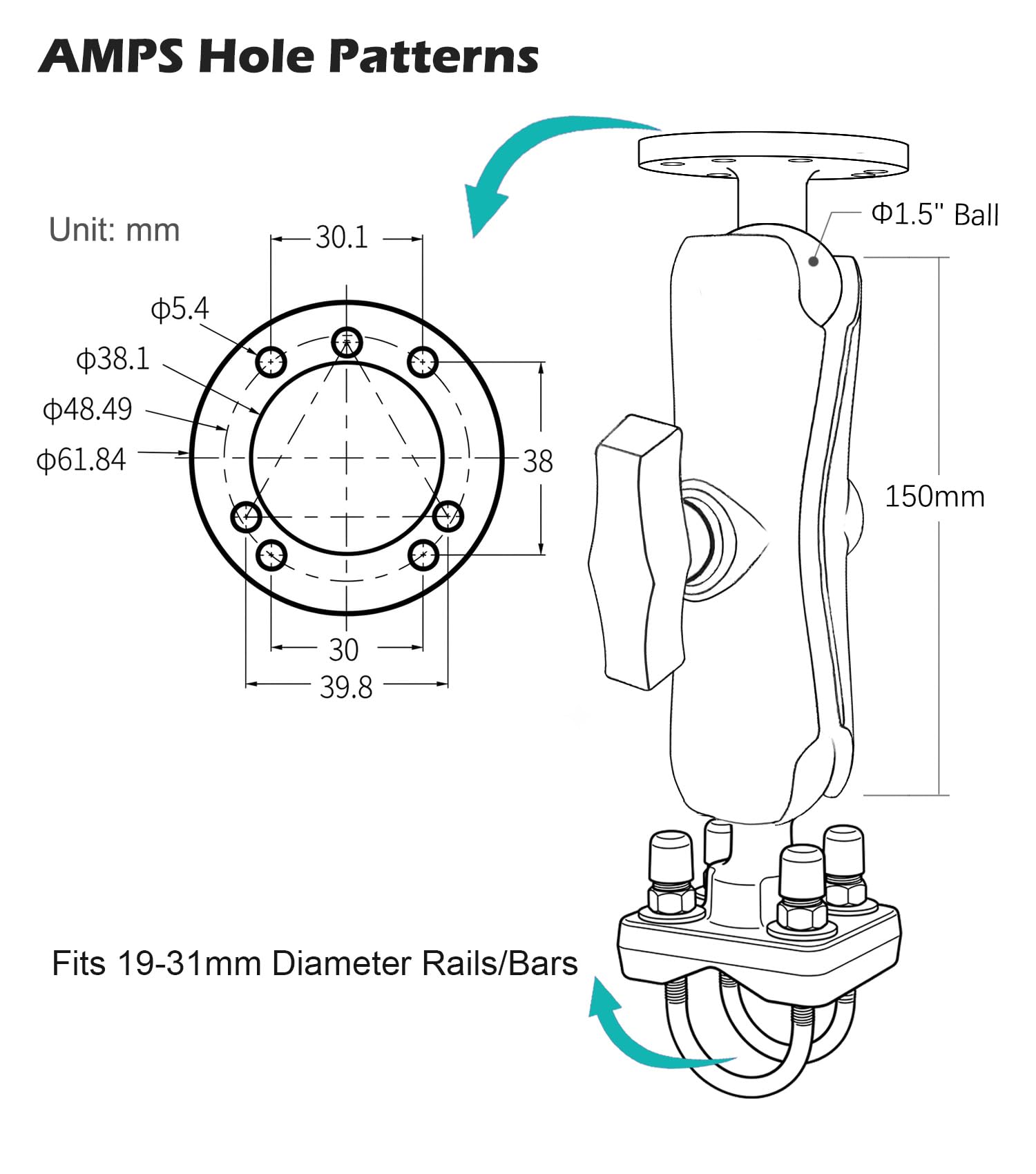 1,5 Zoll AMPS Halterung mit Doppel-U-Bolzen-Basis für 19-31mm Rohre/Reling, C-Größe Halter aus Marine-Aluminium für Gabelstapler, LKW, Boot & Traktor, kompatibel mit RAM Mounts