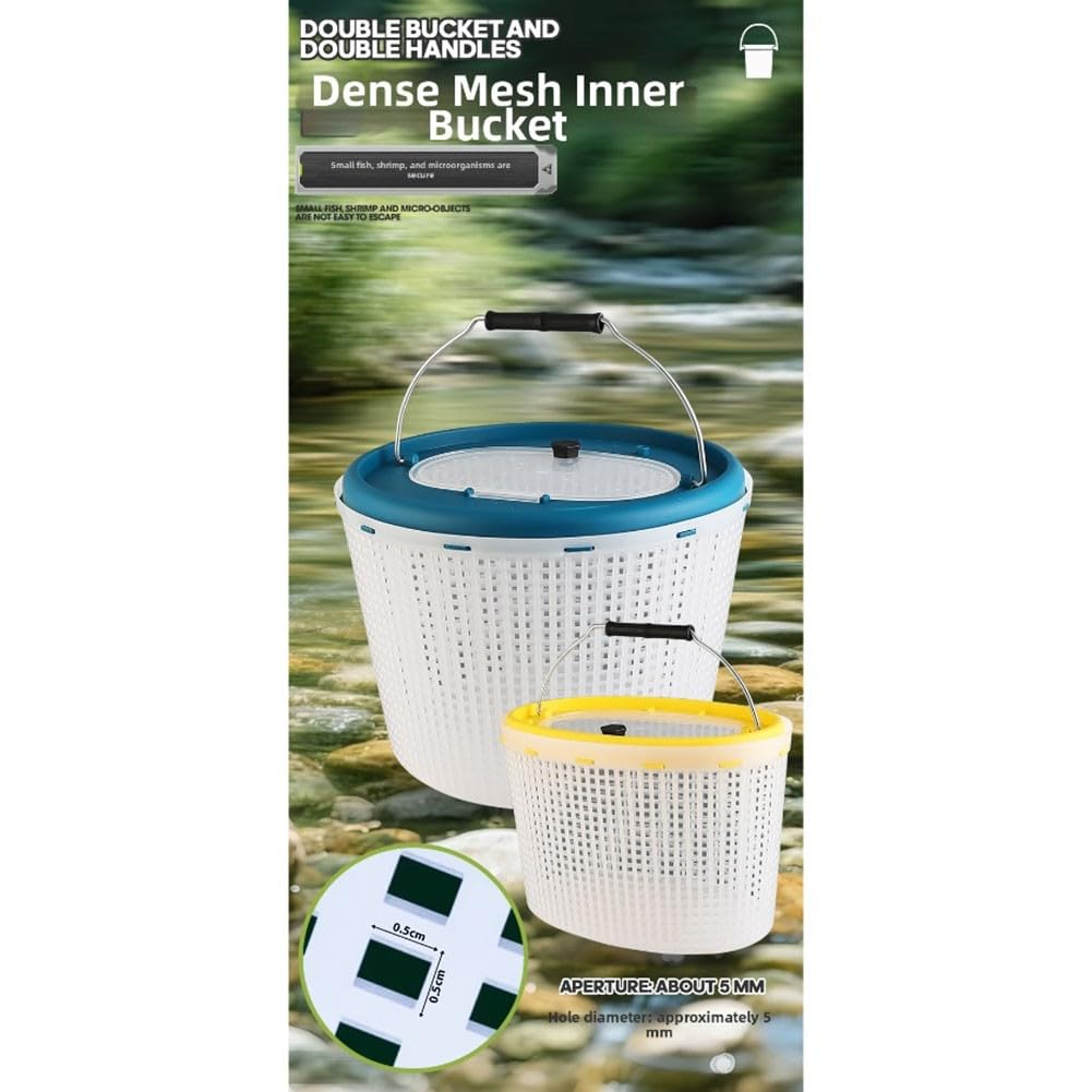 Secchio da pesca 2 in 1, design a doppia parete e inserto con colino, robusto secchio da pesca in polipropilene con manico, per pesci vivi, impermeabile e resistente agli urti, 33 x 23 x 23