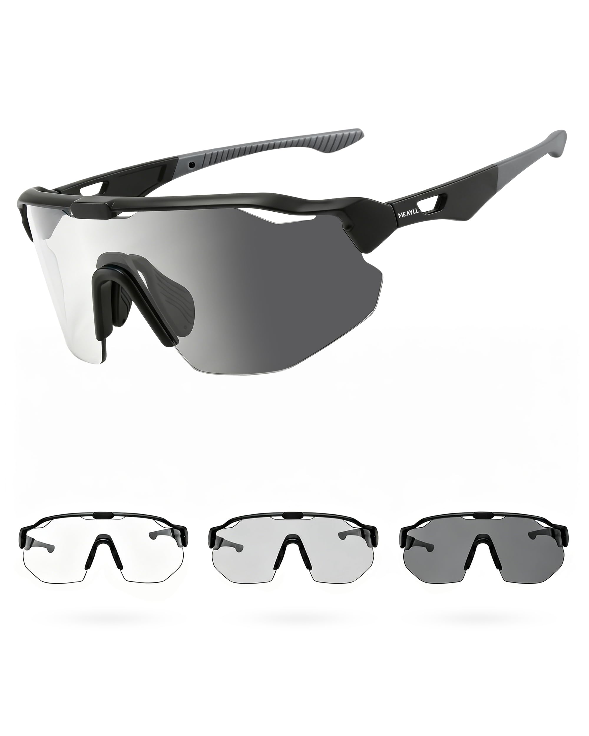 Fahrradbrille Herren Damen Selbsttönend, Photochrome Laufbrille UV400 mit Verstellbarem Nasenpad, 27g Leichte TR90 Sportbrille Sonnenbrille Schnelle Brille für Fahrrad, MTB, Outdoor