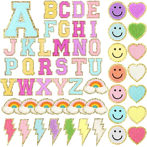 Geosar 54 Pcs Self Adhesive Chenille Letters Patches Glitter Rainbow Preppy Cute Sew Patches Letter Craft for Clothing Backpack Bag Back to School Gifts(2.17 Inch,Multicolored)