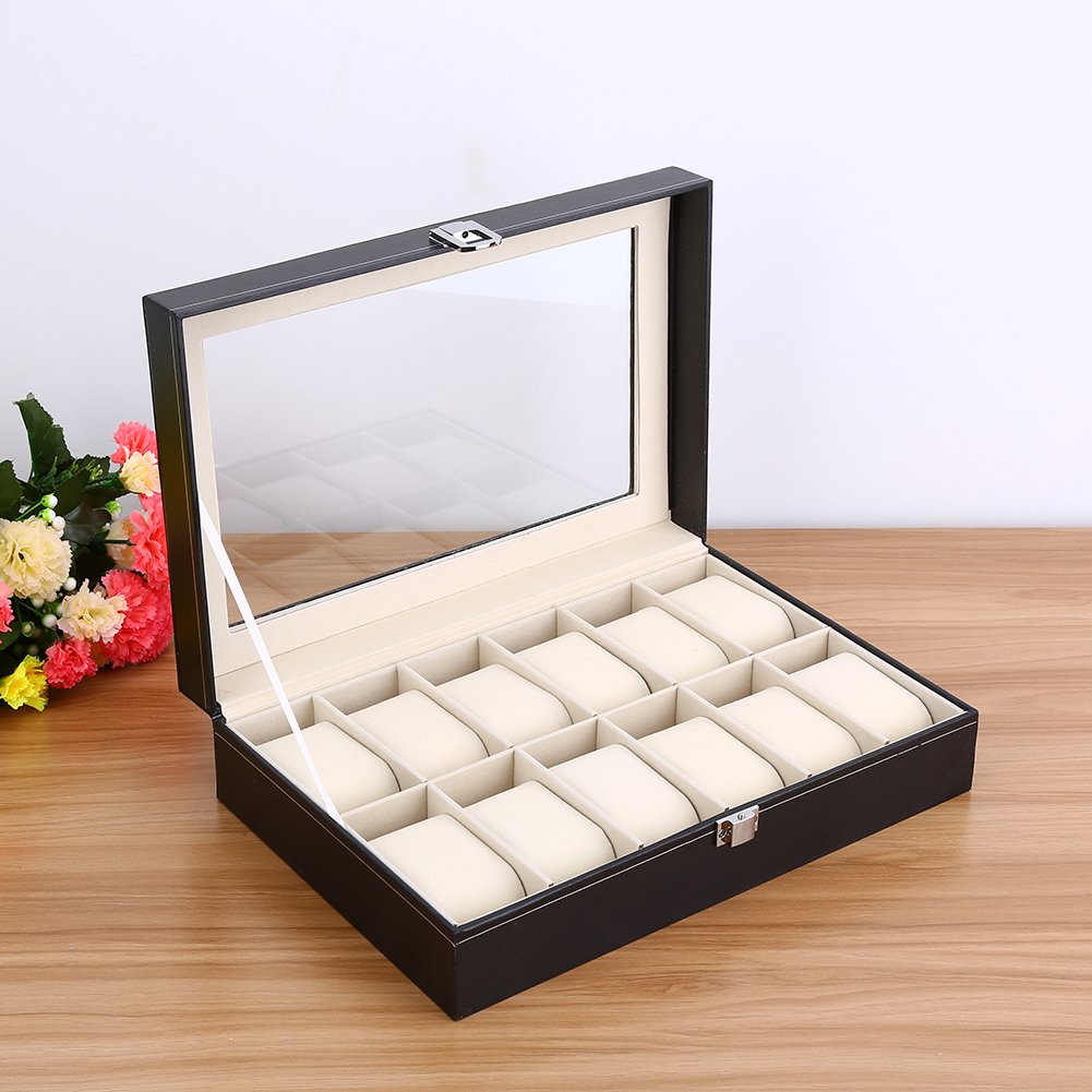 Caja para relojes con tapa, estuche para 12 relojes, estuche para relojes de piel sintética para hombre – negro, 30,2 x 12,2 x 8 cm