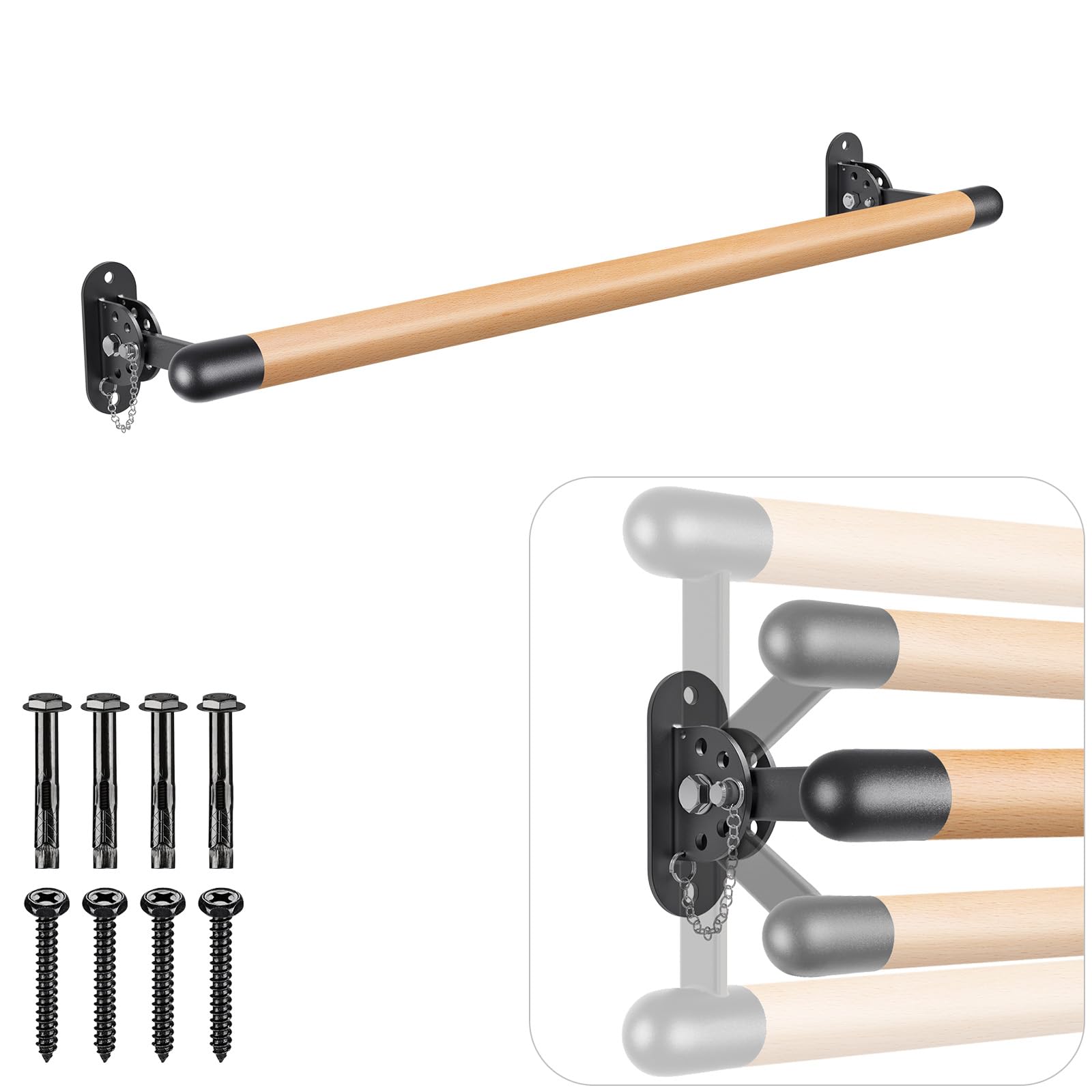 BeneLabel Wall Mount Ballet Barre Solid Wood Dance Bar with Height Adjustable Metal Brackets for Dance Training