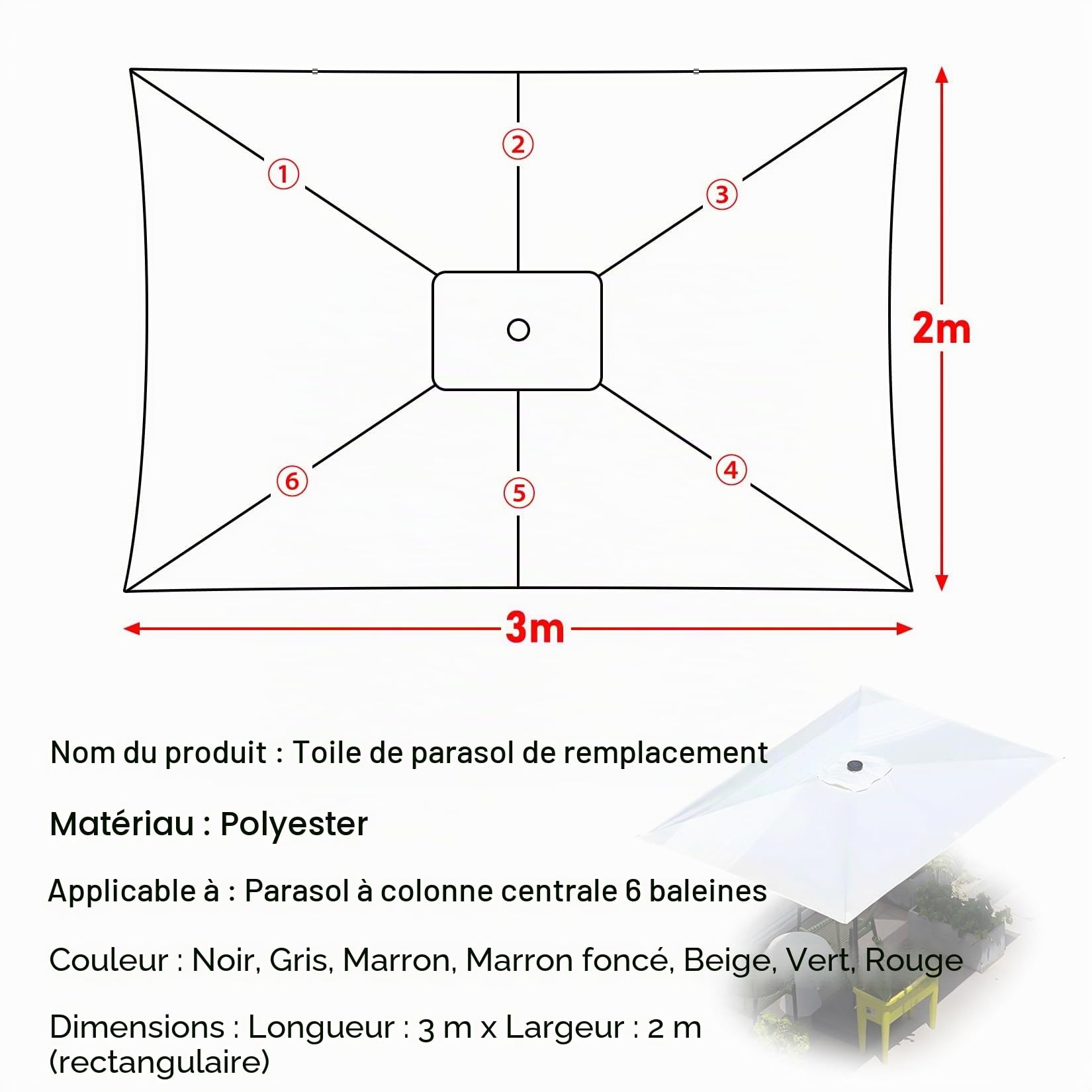 ESOYAWE Toile De Parasol De Rectangulaire Remplacement, 3m×2m 6 Baleines Auvent De Remplacement pour Parasol, Housse De Rechangepour Parasol De Jardin Terrasse Plage, 7 Coloris Disponibles