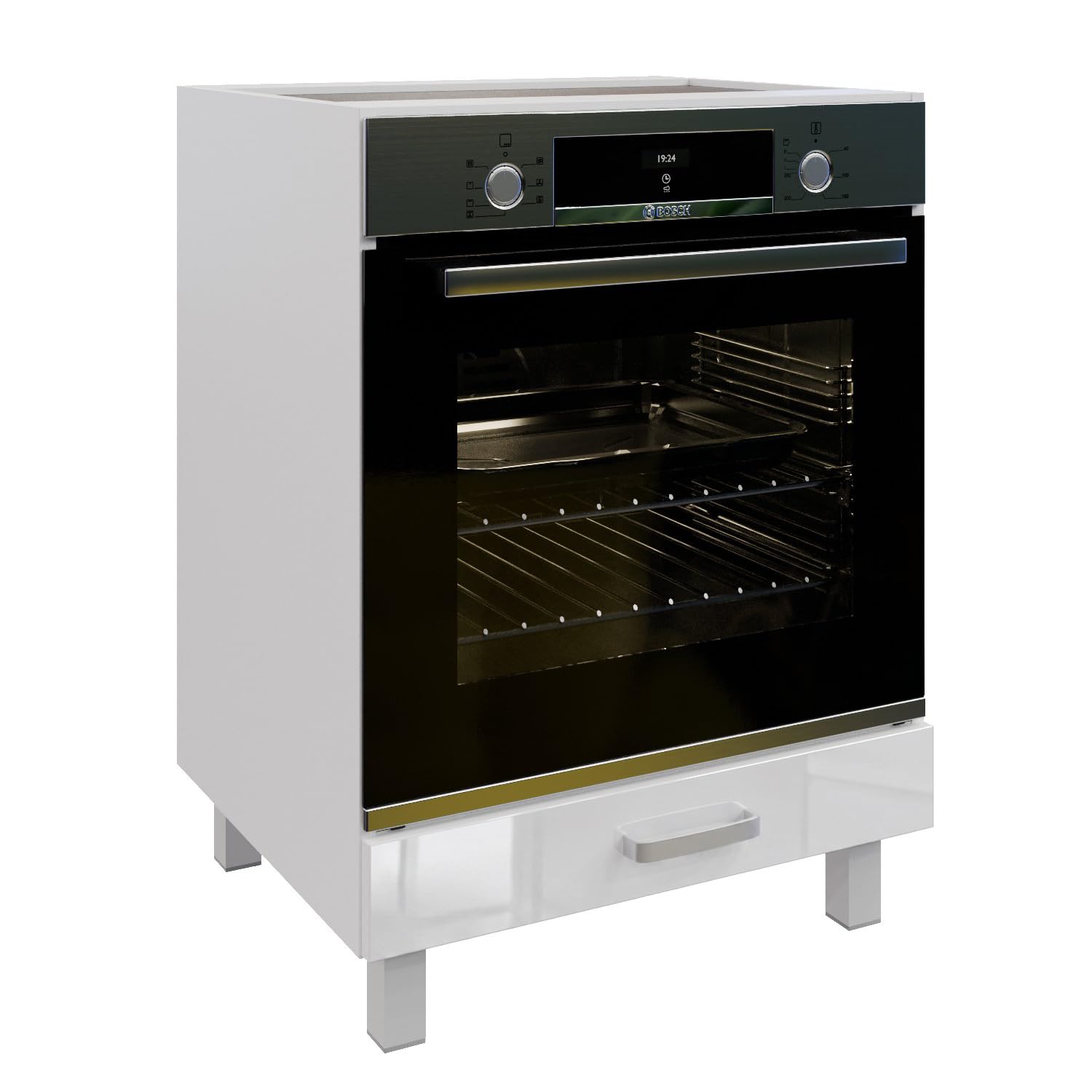 Meuble bas pour four 60 cm blanc brillant – Armoire de cuisine moderne pour four encastrable sur pieds – Système de cuisine modulaire – Idéal pour les petites cuisines, appartements