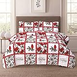 HowPlum Christmas Holiday Full/Queen Lightweight Patchwork Quilt Bedding Set Mistletoe Cardinal Poinsettia Holly Red Green White