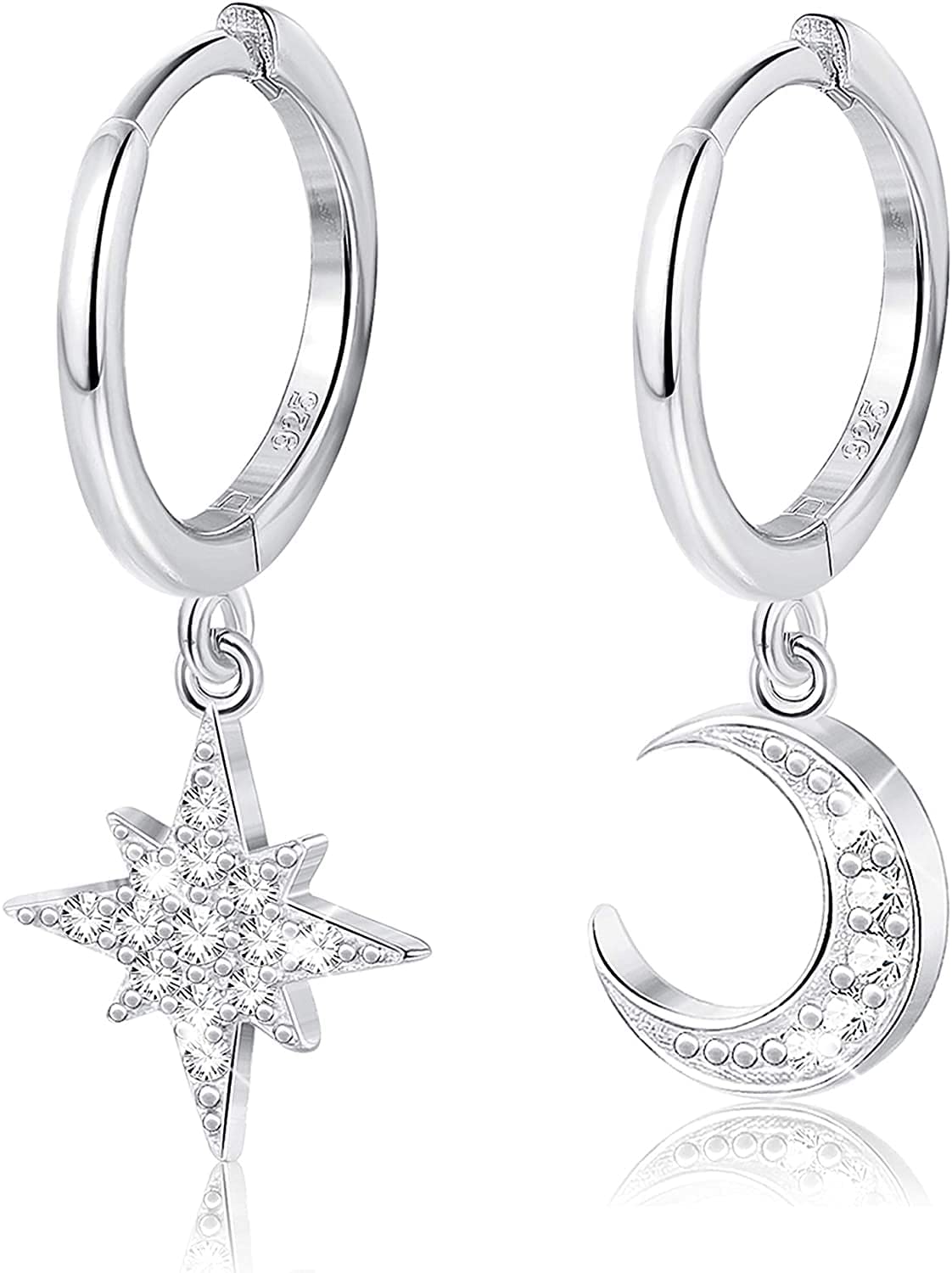 MILACOLATO Pendientes Mujeres De Aro De Oro De Plata De Ley Estrella Luna Colgante Pendientes De Aro Para Las Mujeres CZ Tiny Asymmetric Cartilage Drop Huggie