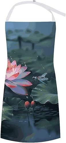 MUSM Lotus Flower And Dragonfly ApronClassic Vintage Funny with Pockets Aprons,Adjustable Bib Waterdrop Resistant for Kitchen Cooking Restaurant BBQ