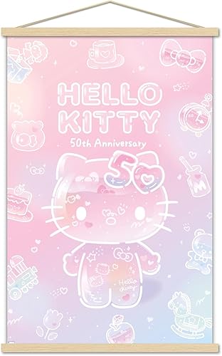 Trends International Hello Kitty - Póster de pared para el 50 aniversario, 22.37 x 34.00 pulgadas, paquete de impresión prémium y colgador de madera
