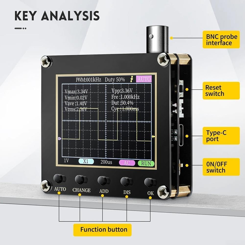 Zoegneer 138 PRO Digitales Oszilloskop, Einzelk, 2,4 Zoll LCD-Display, 200 kHz Bandbreite, 2,5 MSa/s, Abtastrate mit Typ-C-Kabel und Sonde (mit 10-fach-Sonde)