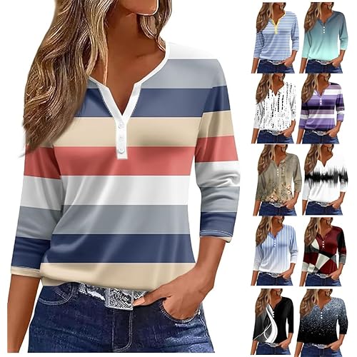 3/4 Length Sleeve Womens Plus Size Tops Button Down V Neck Casual Shirts Dressy Henley Blouses Fashion Fall Pullover Clothes
