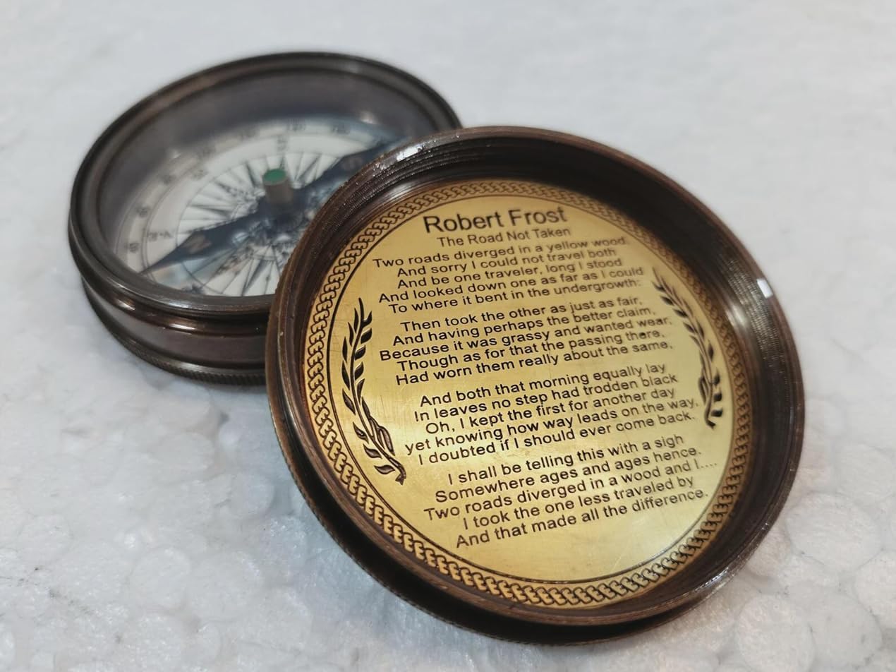 Robert Frost Poem Engraved Brass Compass with Leather Case - 2" Vintage Style 100 Years Calendars Compass - Brass Personalized Pocket Compass for Christmas, Easter Day, Baptism Gifts, First Communion