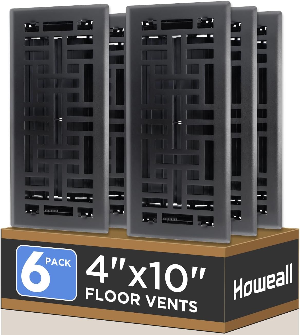 4x10 Inches 6 Pack Heavy Duty Walkable Floor Register - Easy Adjust Air Supply Lever Decorative Floor Vent Covers, Seattle Design Vent Covers for Home - Matte Black