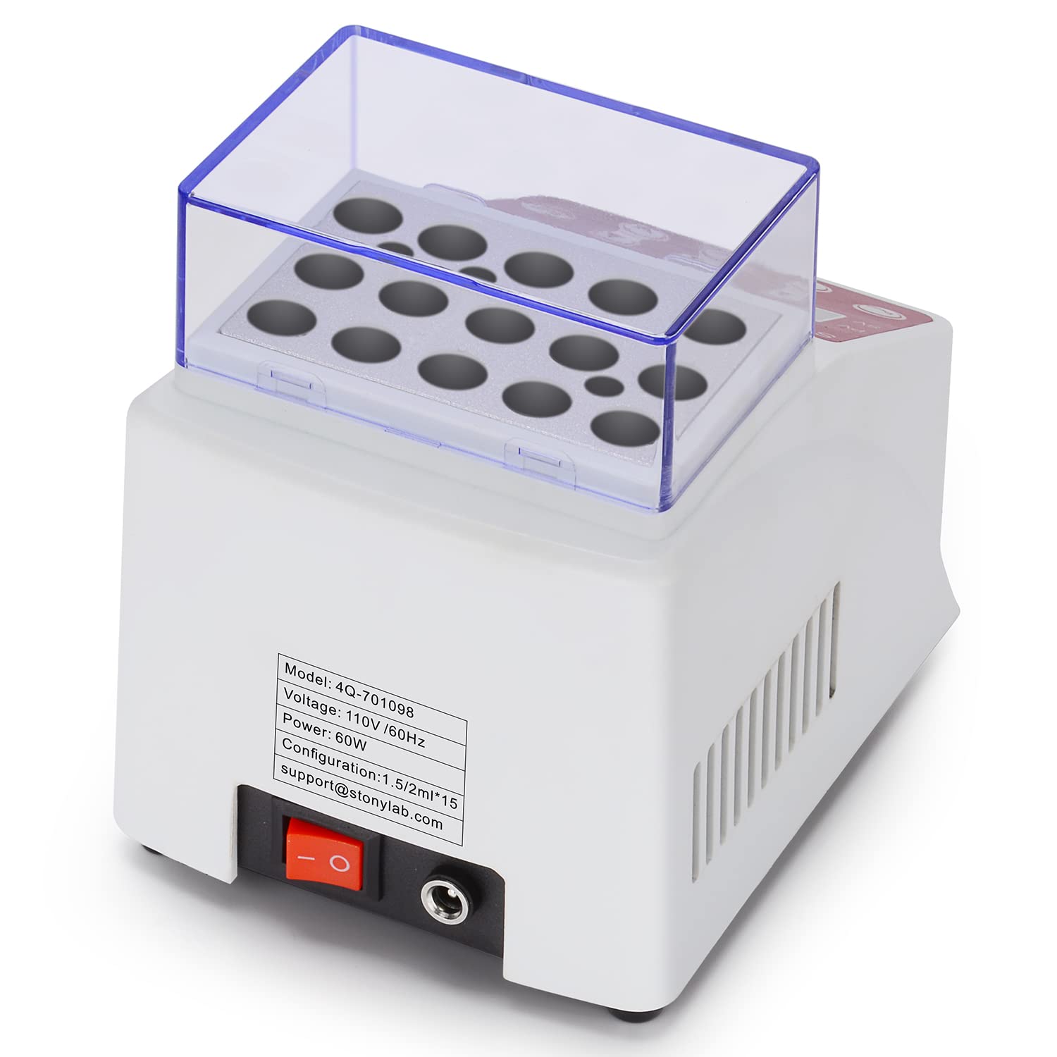 stonylab mini incubateur à bain sec avec couvercle, affichage numérique, plage de température 5–100 °C, précision ±0,5 °C, bloc 15x2 ml pour laboratoire