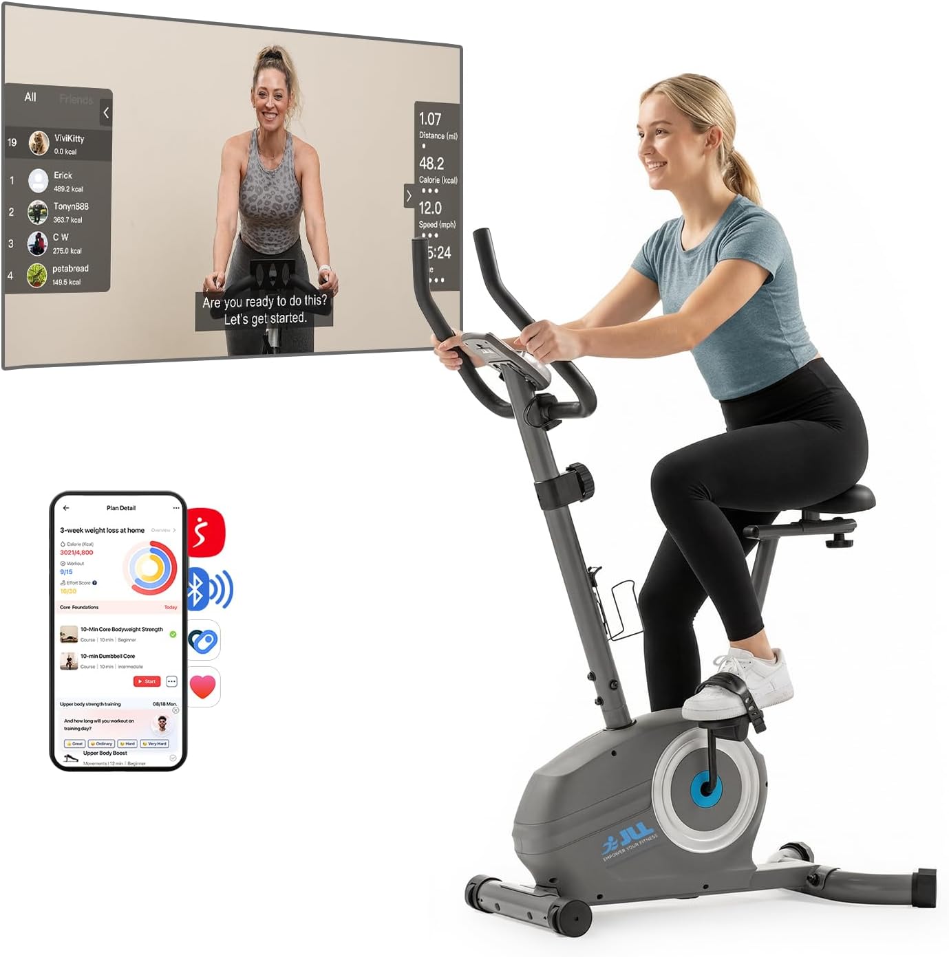 JLL Smart Upright Exercise Bike, Stationary Bike for Home Gym Fitness, Indoor Workout Bike with Free App, Heart Rate Tracking & Adjustable Comfortable Seat