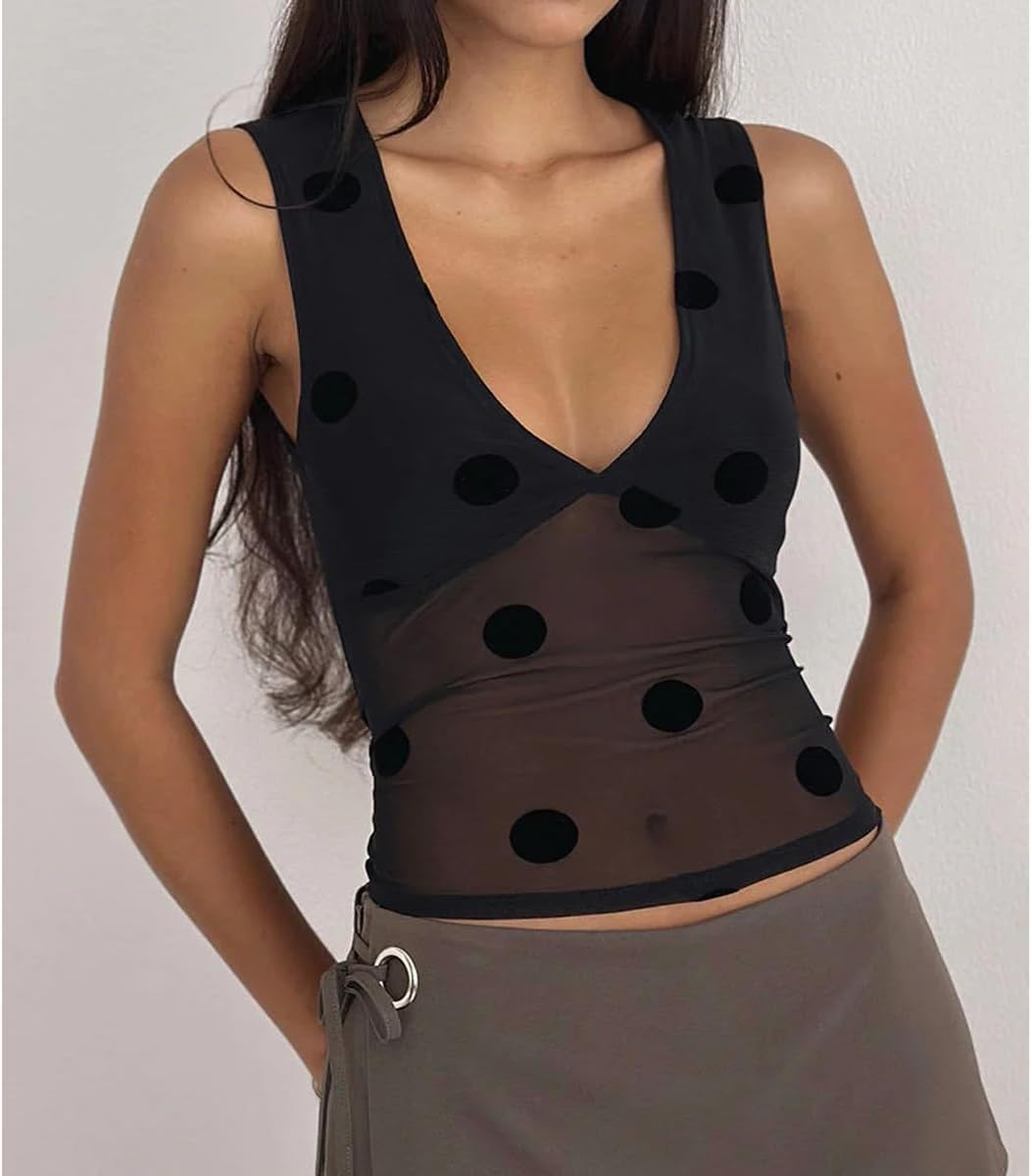 Women’s Y2K Sheer Mesh Polka Dot Top Sexy Deep V Neck Sleeveless Slim Fit See-Through Crop Tank Top Party Clubwear - Image 3