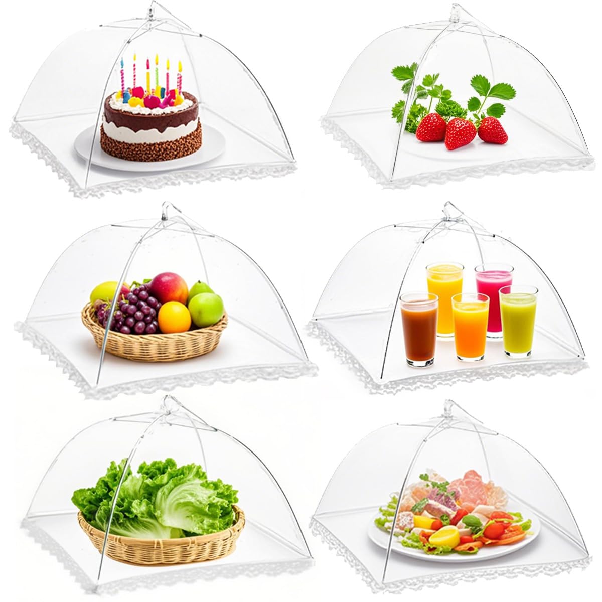6PCS Mesh Food Covers, 17 Inch Pop Up Food Umbrella Tent Covers, Fruit Cake Net Domes for Outdoors, Screen Tents, Parties Picnics, BBQs, Reusable and Collapsible (White-6PCS)