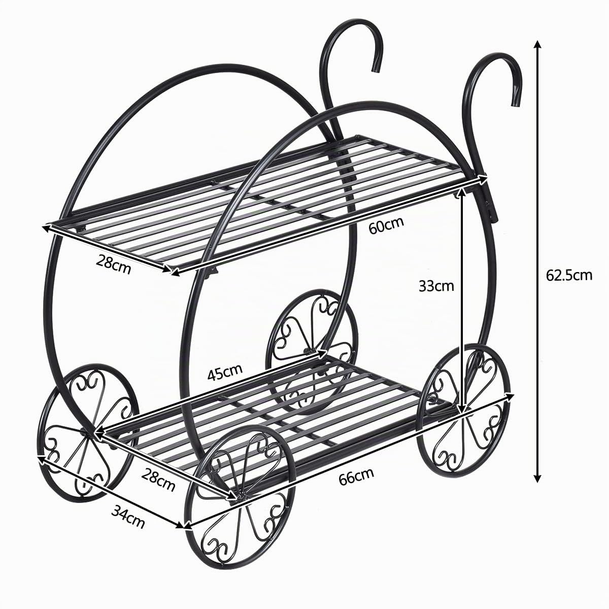 KOMFOTTEU Soporte para Flores con 4 Ruedas, Carro de Macetas de Metal de 2 Niveles, Estantería Decorativa de Plantas con 2 Asas para Interiores y Exteriores, Portaplantas con Carga hasta 20 kg