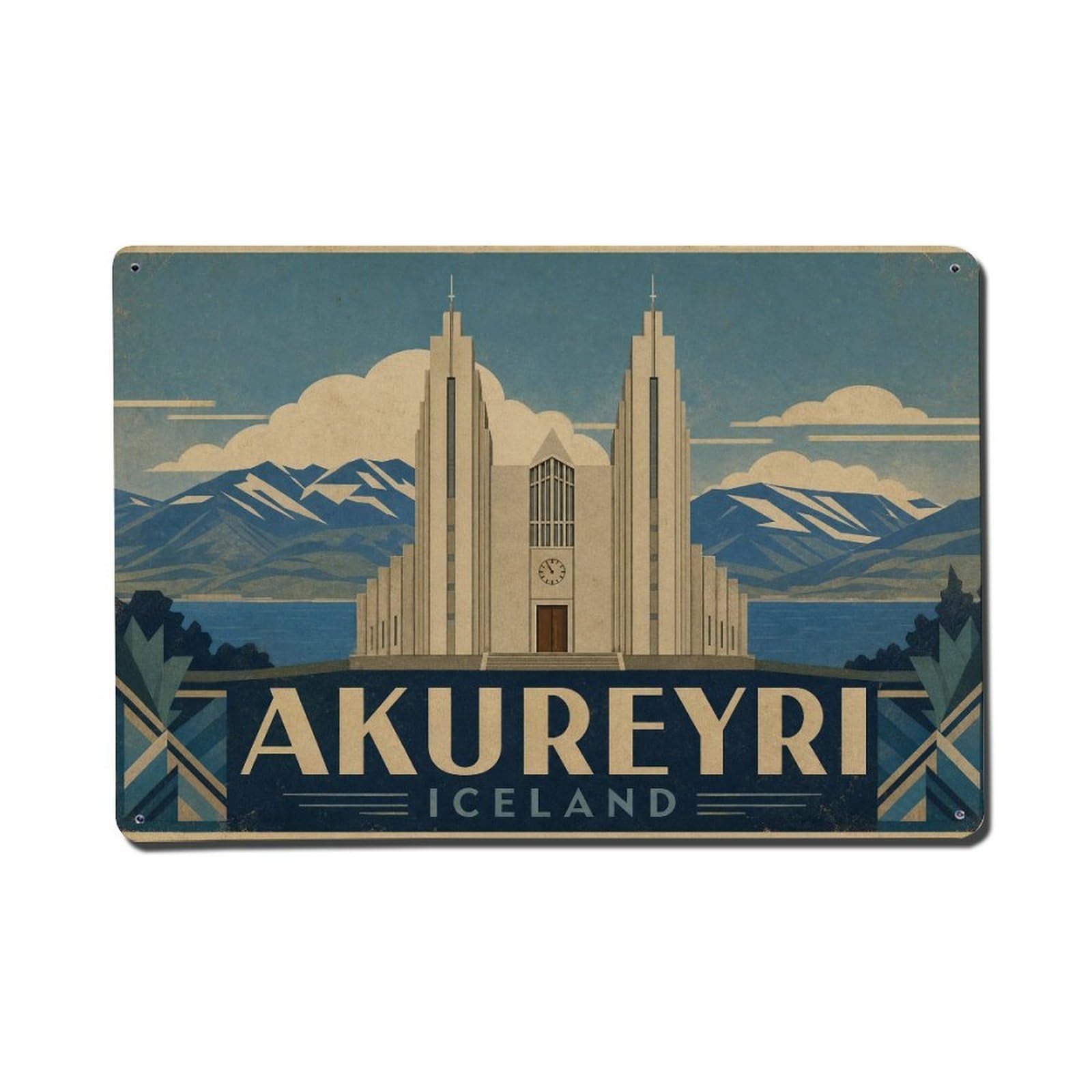 Travel Vintage Iceland Akureyri Metal Tin Sign Plaque Wall Decor for Cafe, Club Bar, Office, Garden Metal Poster 8x12Inch