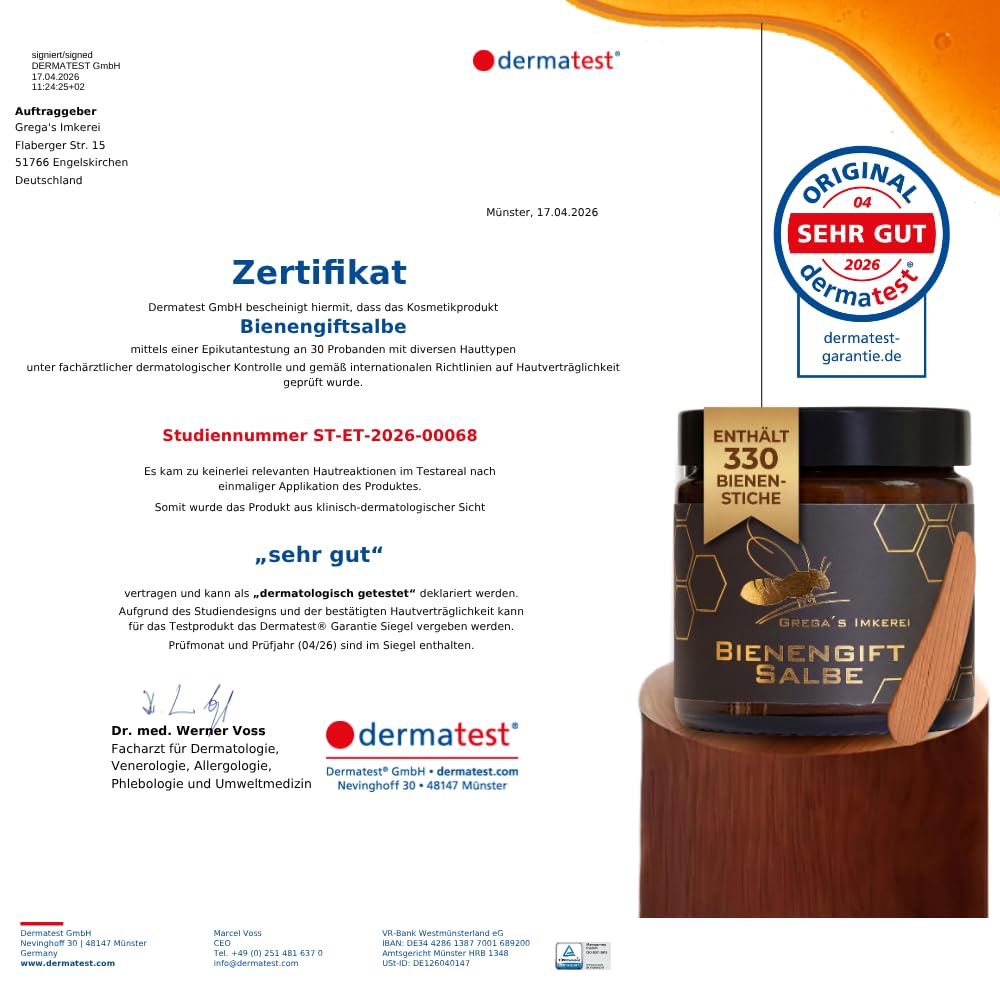 Gregas Bienengiftsalbe 100 ml stark konzentriert mit „Sehr gut" im Derma Test. Sanfte Entspannung für beanspruchte Muskeln & Gelenke - je Dose ca. 330 Bienenstiche (1x 100 ml (1er Pack)