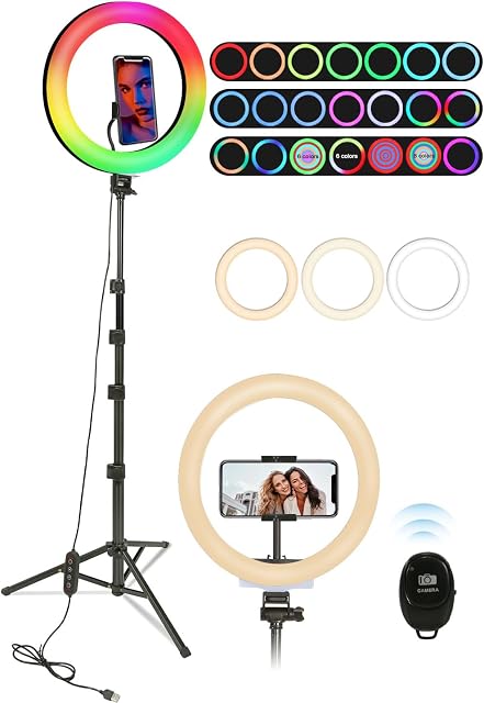Railee Lampa Pierścieniowa ze Statywem 10-calowa Lampa Pierścieniowa LED do Selfie YouTube Tik Tok Fotografia Makijaż z 3 Białymi Światłami 26 RGB Zmiana Koloru 8 Jasność Całkowita Wysokość 180cm